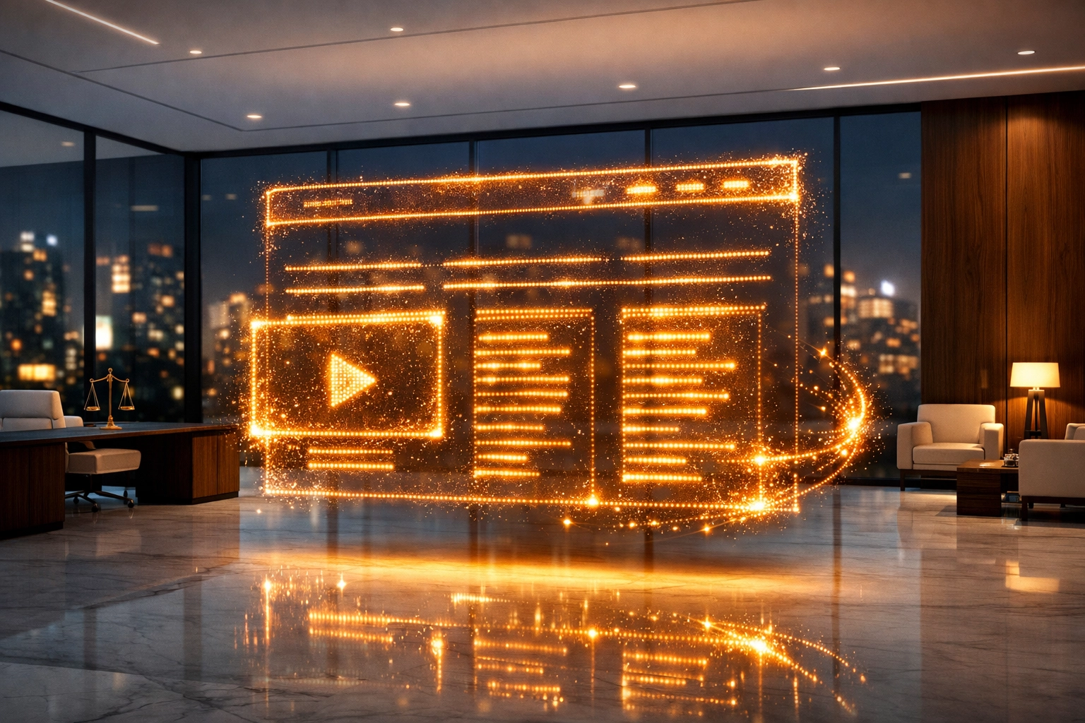 High-performance law firm website design showing structured data and lead generation flow in a modern office.