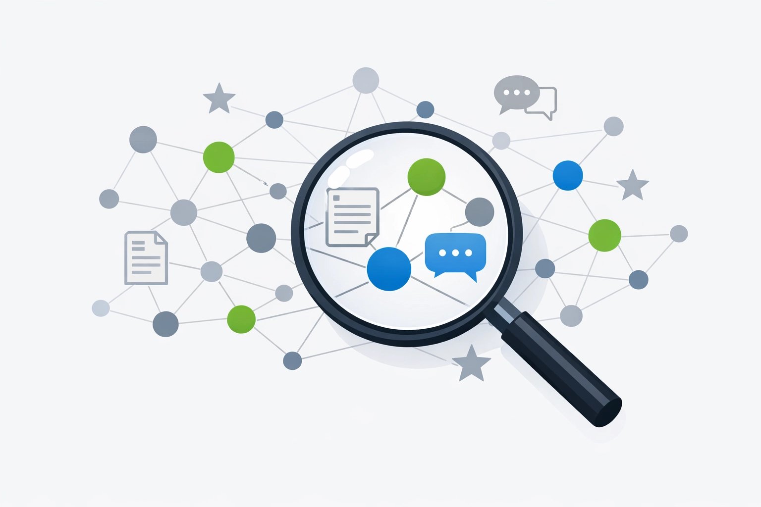 Magnifying glass analyzing third-party footprint network with review and article signals