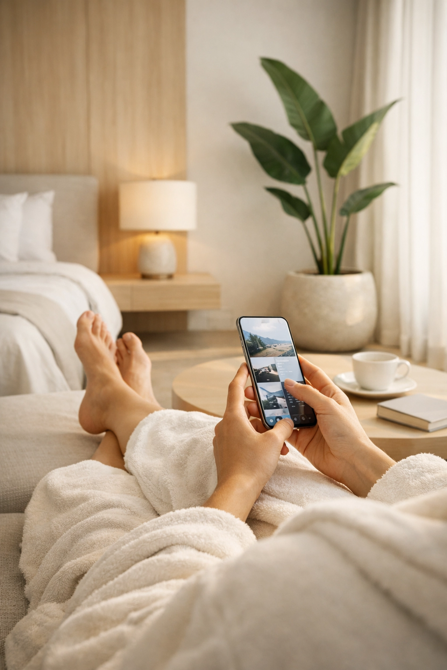 Guest in a minimalist hotel room using a smartphone to book a stay through conversational AI.