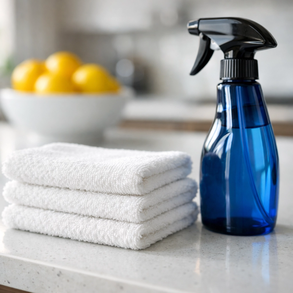 Eco-friendly cleaning supplies on a spotless kitchen island, reflecting The Cleaning Ninjas' attention to detail.