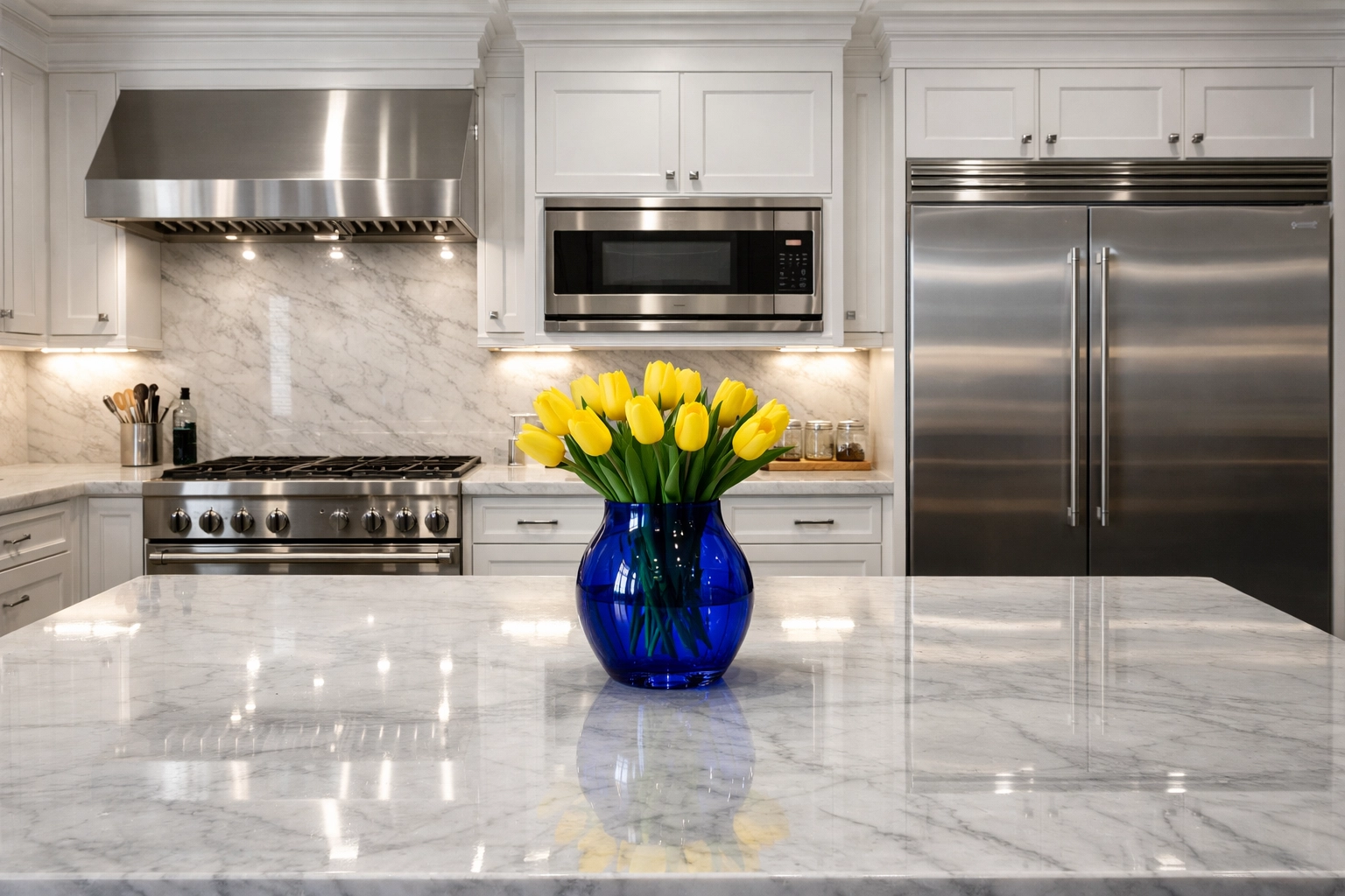 A luxury kitchen with sparkling marble countertops after expert care from a top maid service Cambridge provider.