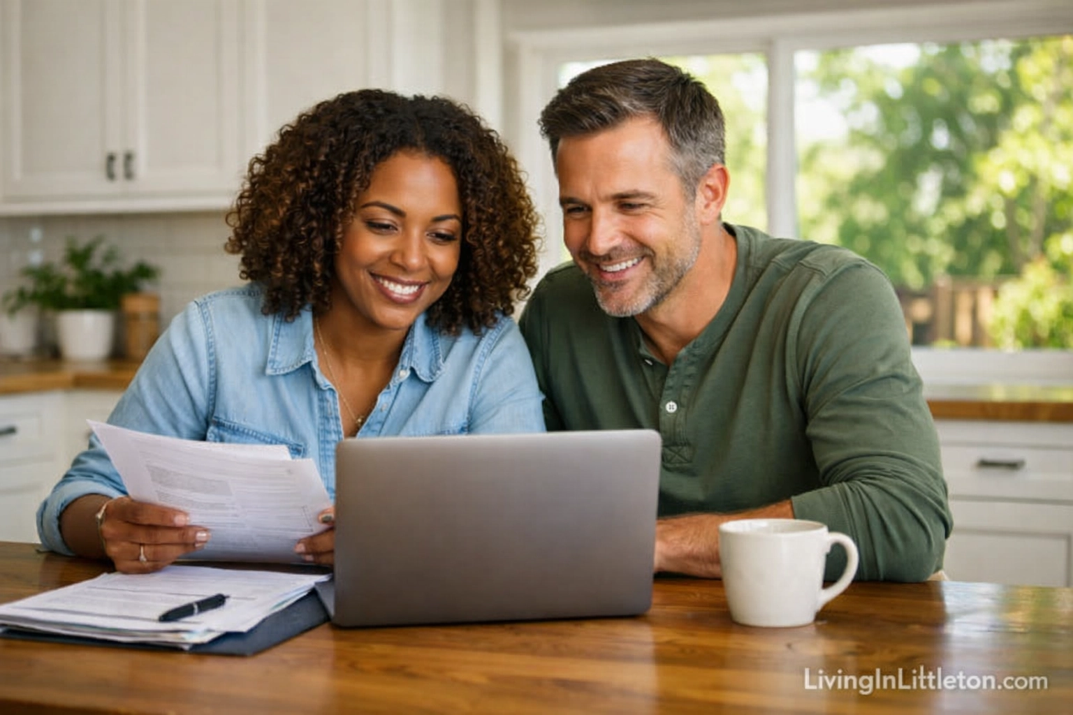 Couple in a modern Littleton home reviewing mortgage rates and real estate documents on a laptop. Couple in a modern Littleton home reviewing mortgage rates and real estate documents on a laptop.