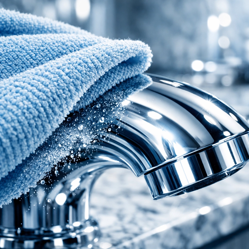 Close-up of a chrome kitchen faucet being polished for a clinical finish by a professional house cleaning team.