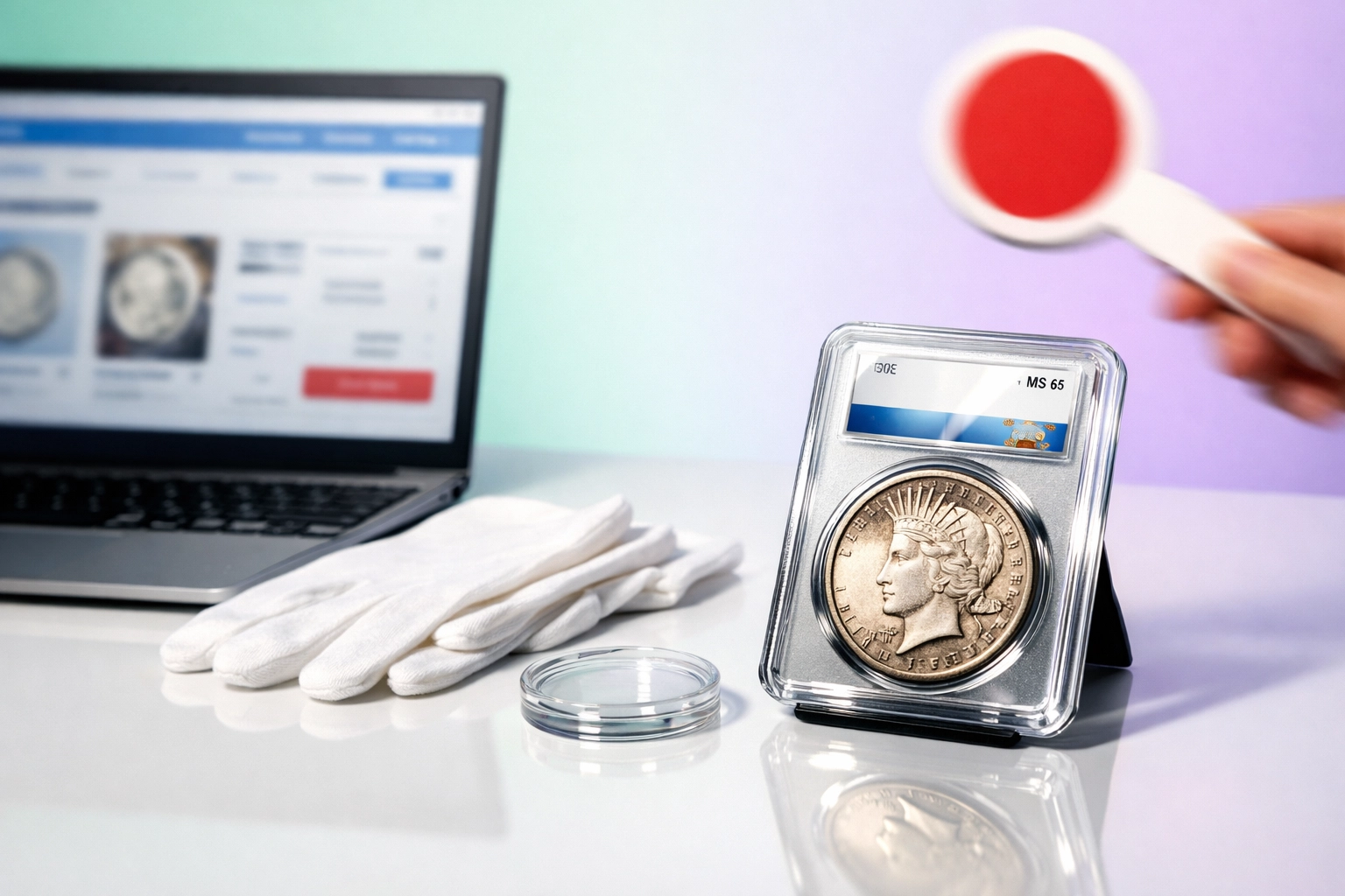 Graded US Mint anniversary coin and cotton gloves next to a laptop for online auction bidding.