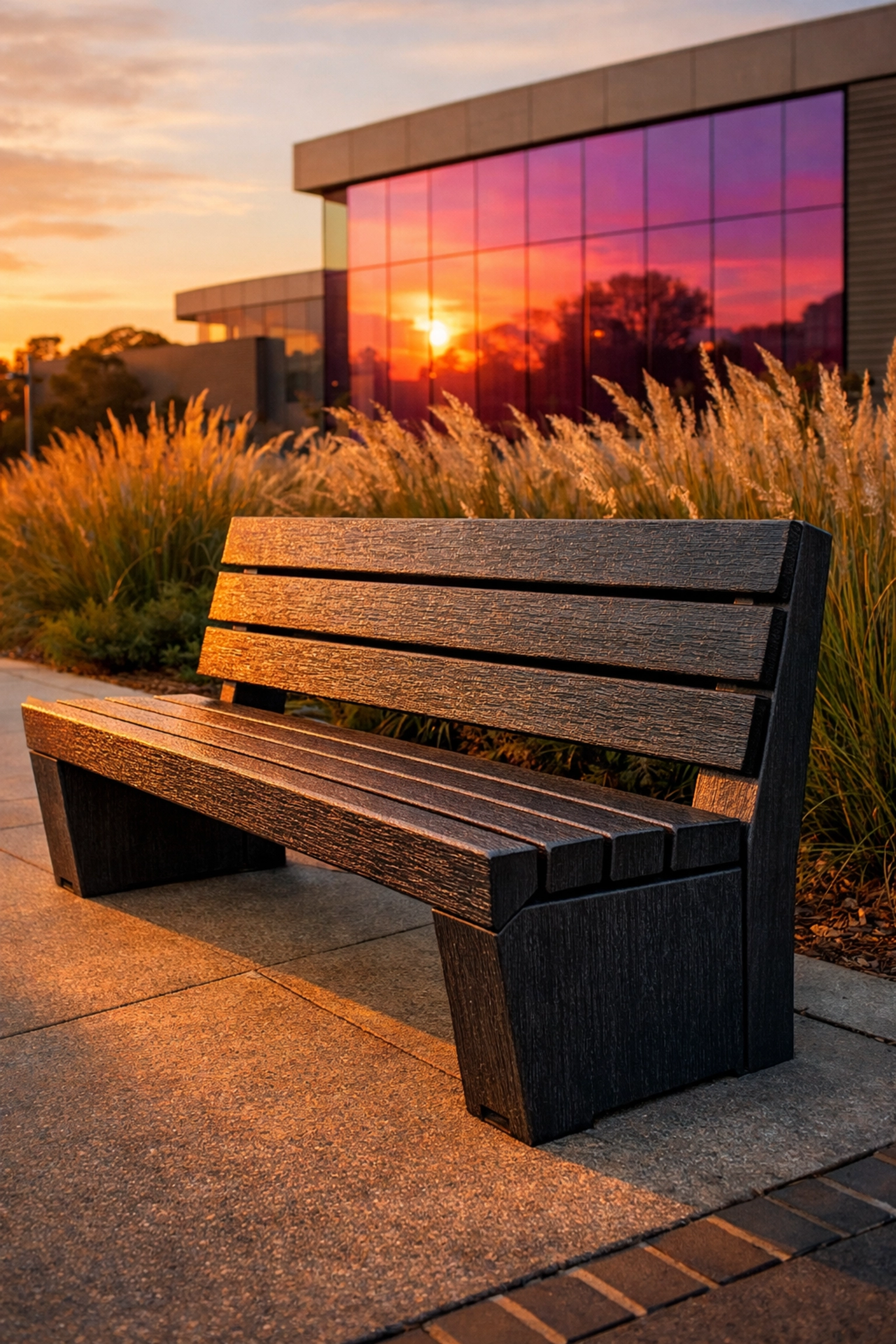 Outdoor public bench made from weather-resistant recycled plastic timber alternatives in a sustainable urban park.