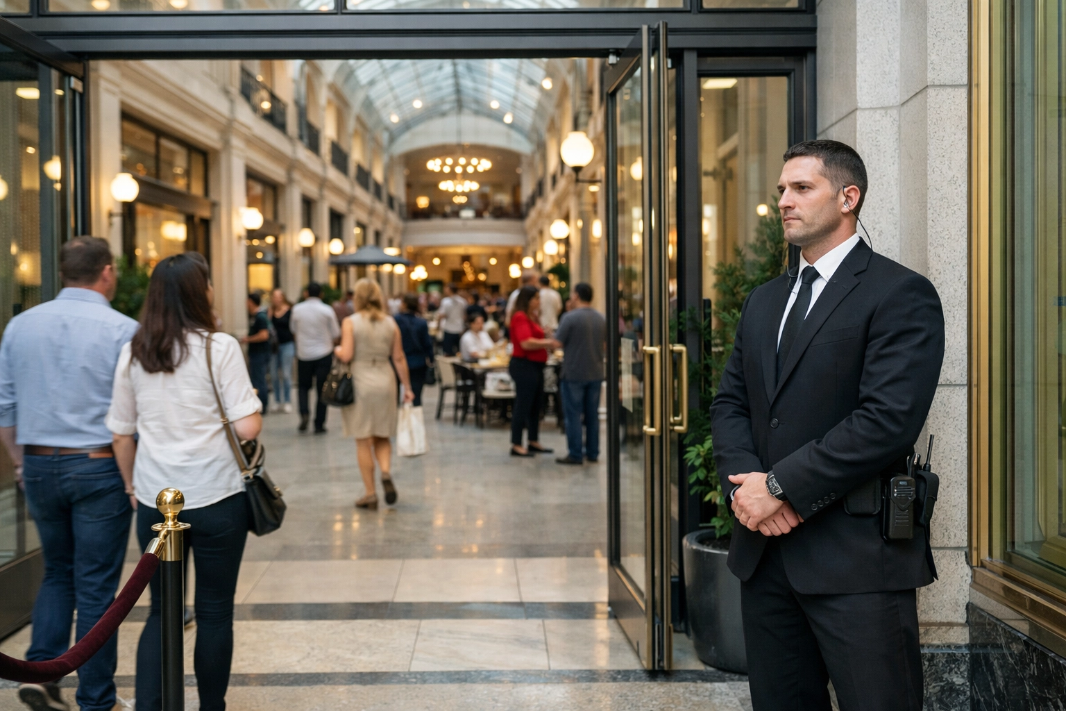 Security professional at a venue entrance ensuring public safety and Martyn’s Law compliance.