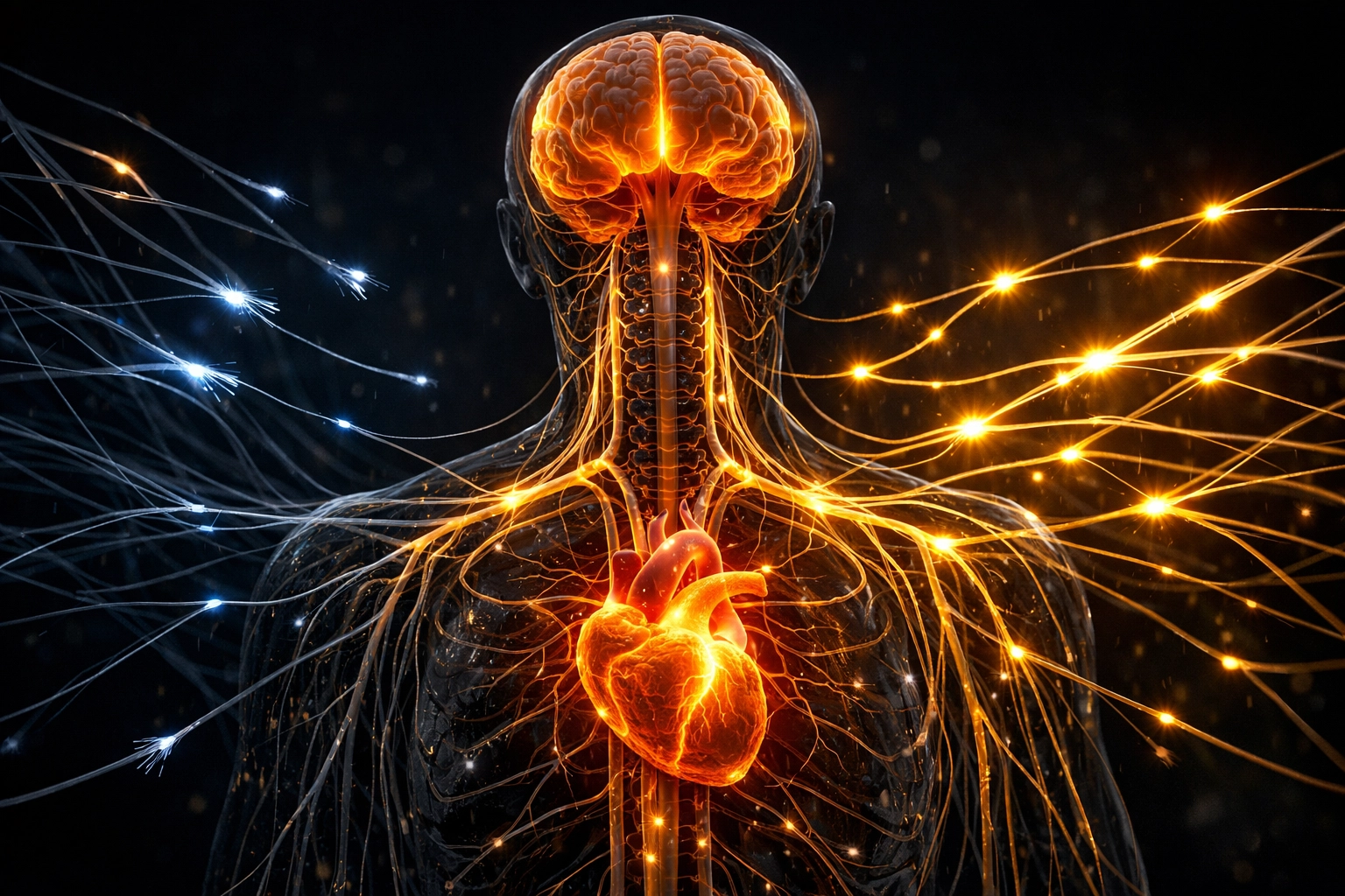 Internal nervous system view showing how social connection threads impact cardiovascular and brain health.