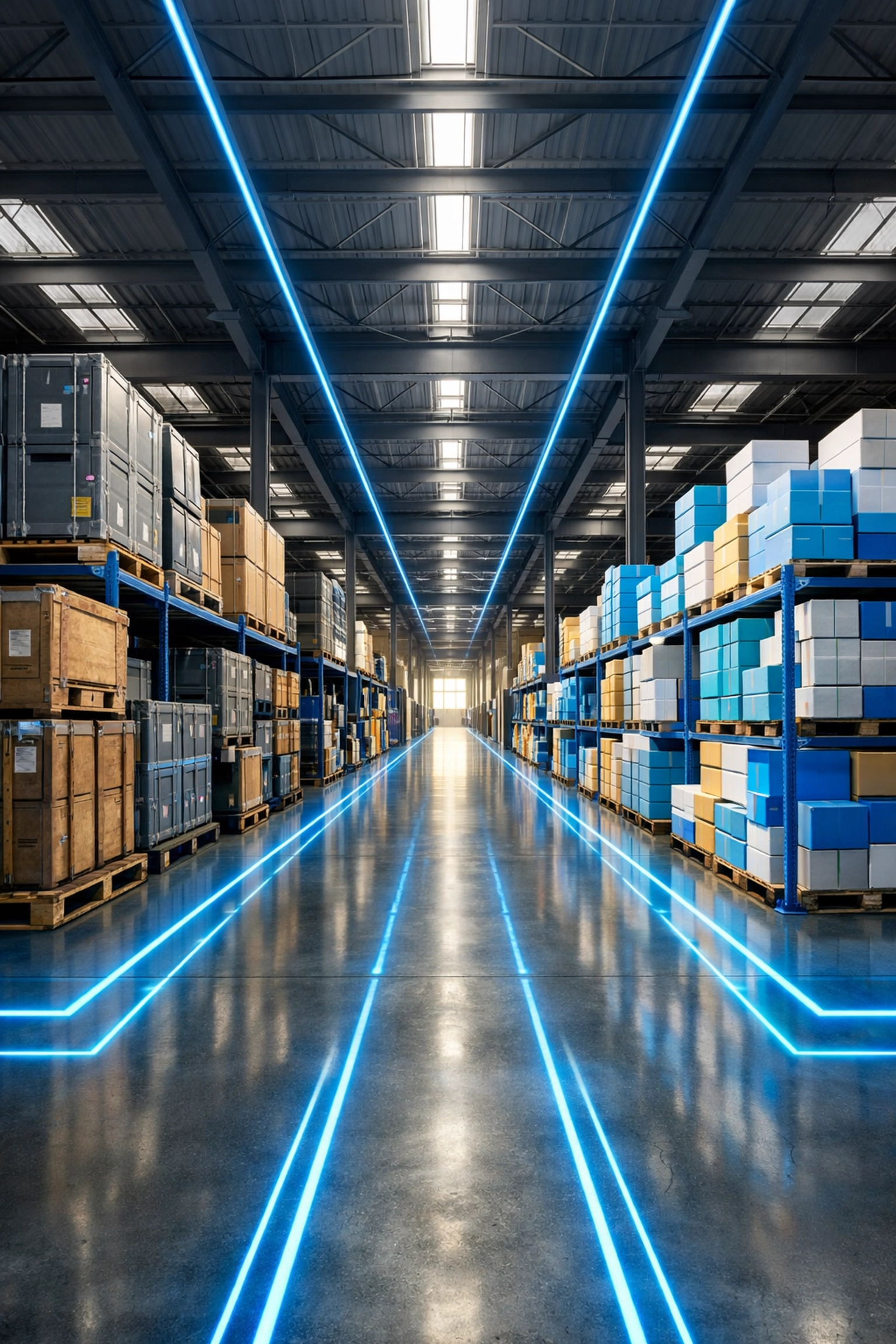 Modern warehouse storage showing high density crates and high volume retail boxes for efficient shipping.