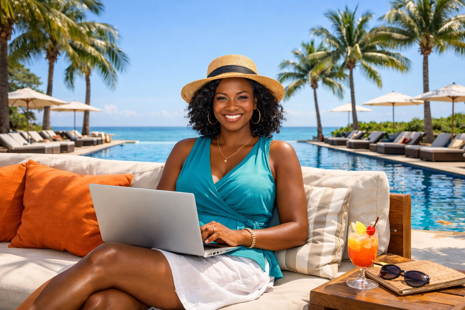 A travel planning entrepreneur working remotely from a luxury tropical resort with a pool view.
