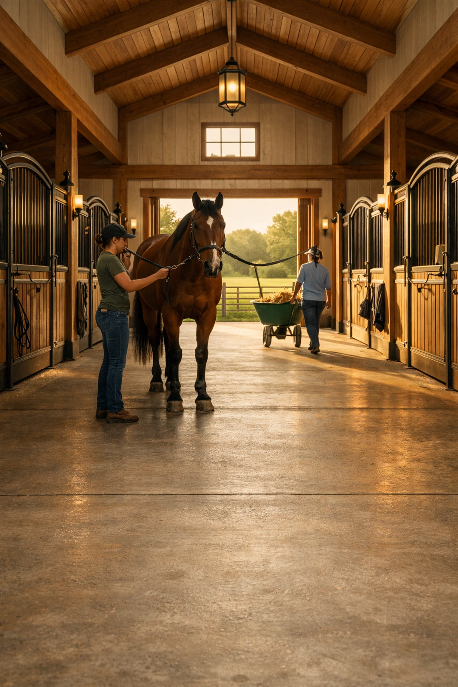 Wide 14-foot aisle in modern horse barn showing proper spacing for Charlotte equestrian properties