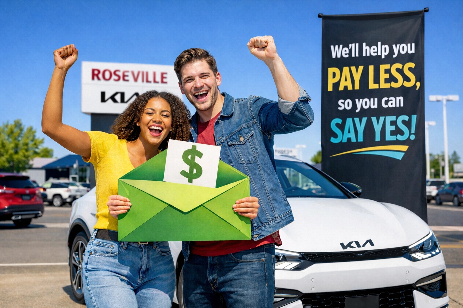 Couple using tax refund for down payment on a new white Kia EV6 at Roseville Kia.