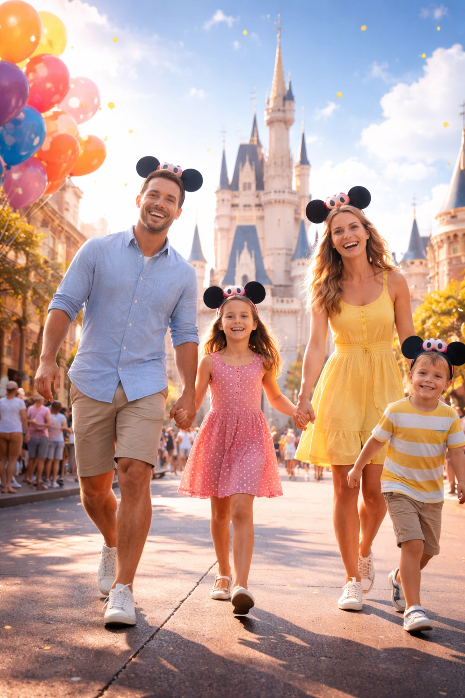 Family entering Disney park with castle in background, illustrating excitement for Disney vacation planning