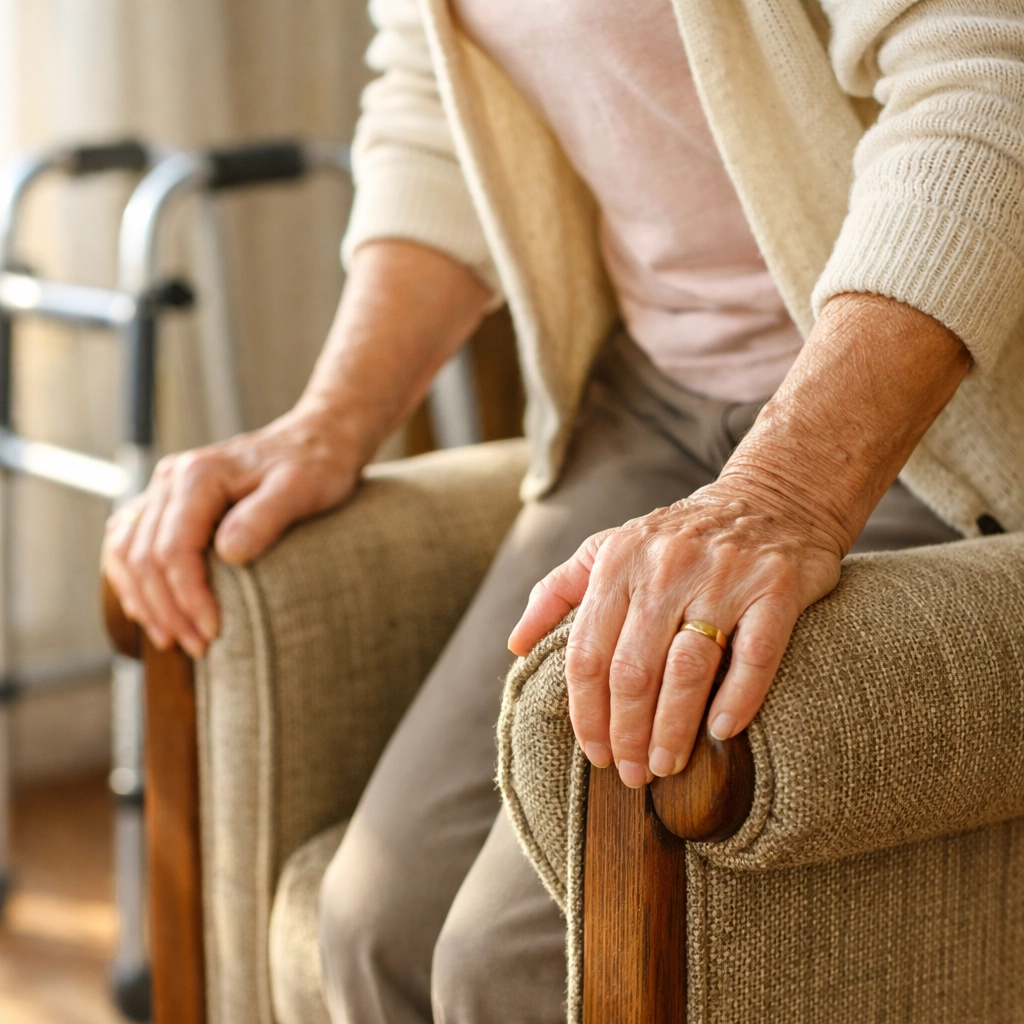 Senior woman pushing up from an armchair safely before reaching for her mobility walker.