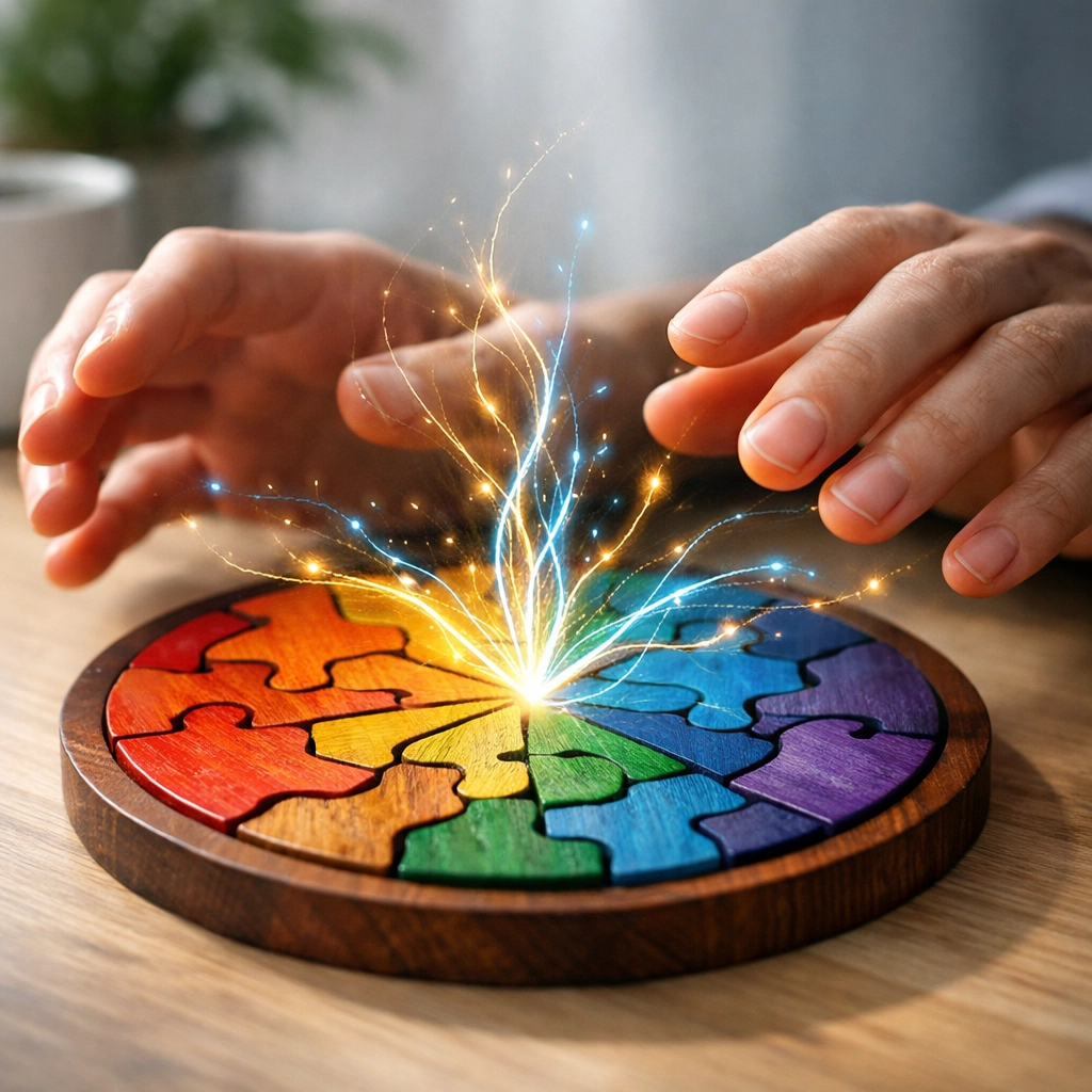 Hands solving a circular wooden jigsaw puzzle for puzzle therapy and cognitive focus.