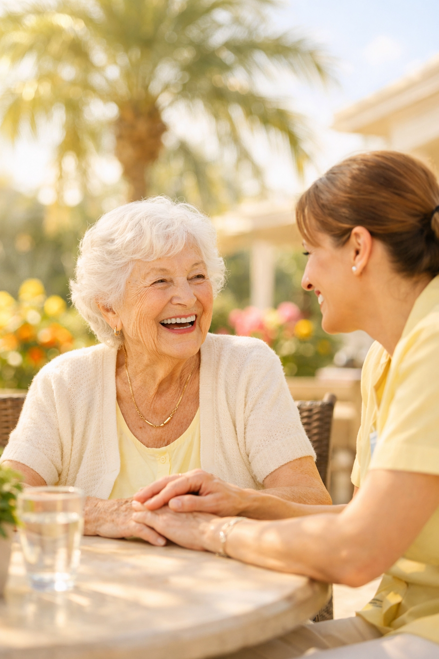 Senior woman and staff sharing a laugh in a sunny Sarasota courtyard, highlighting human touch in senior care.
