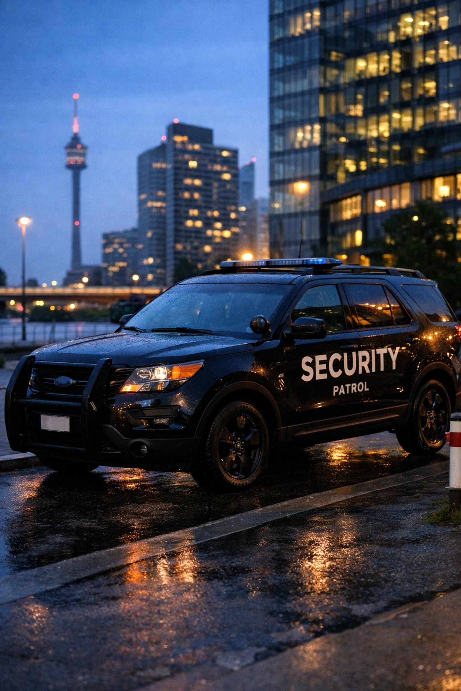 Mobiler Sicherheitsdienst Wien: Ein Patrouillenfahrzeug sorgt für Schutz in einem Wiener Business-Distrikt.
