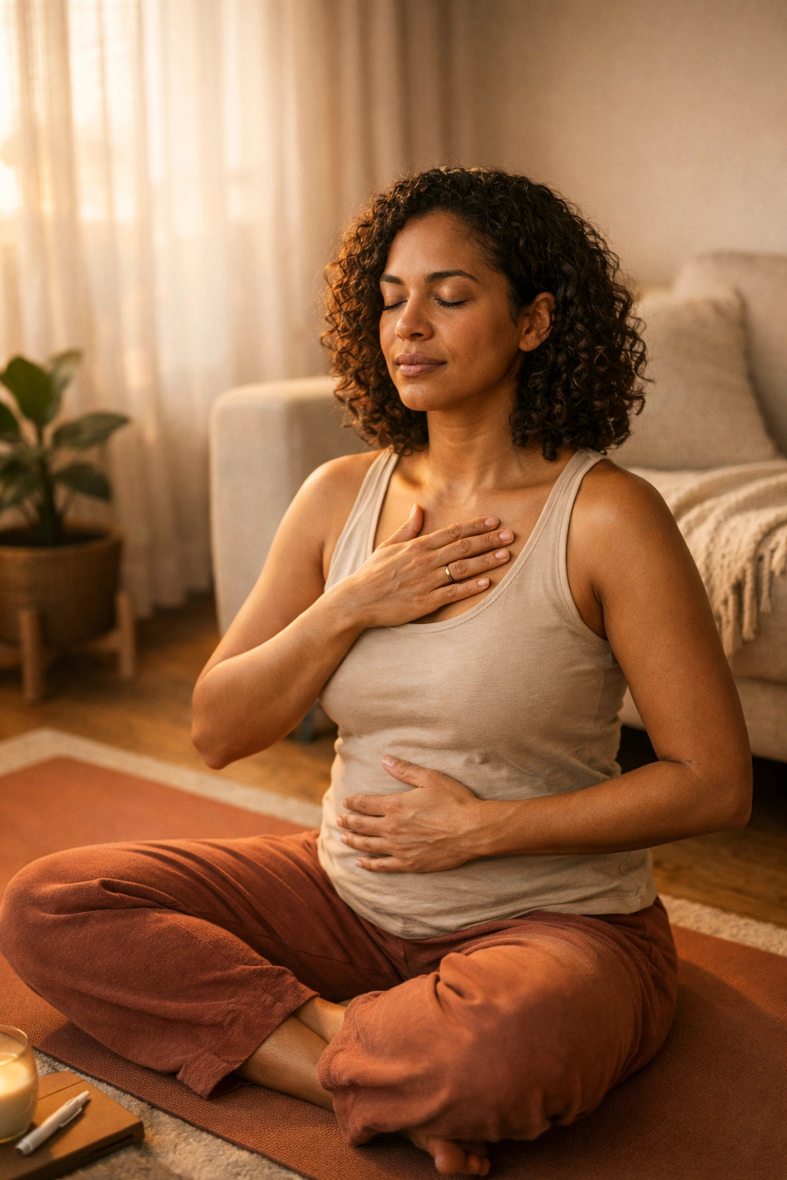 Woman practicing mindful movement on a yoga mat as part of a body reconnection coaching routine.