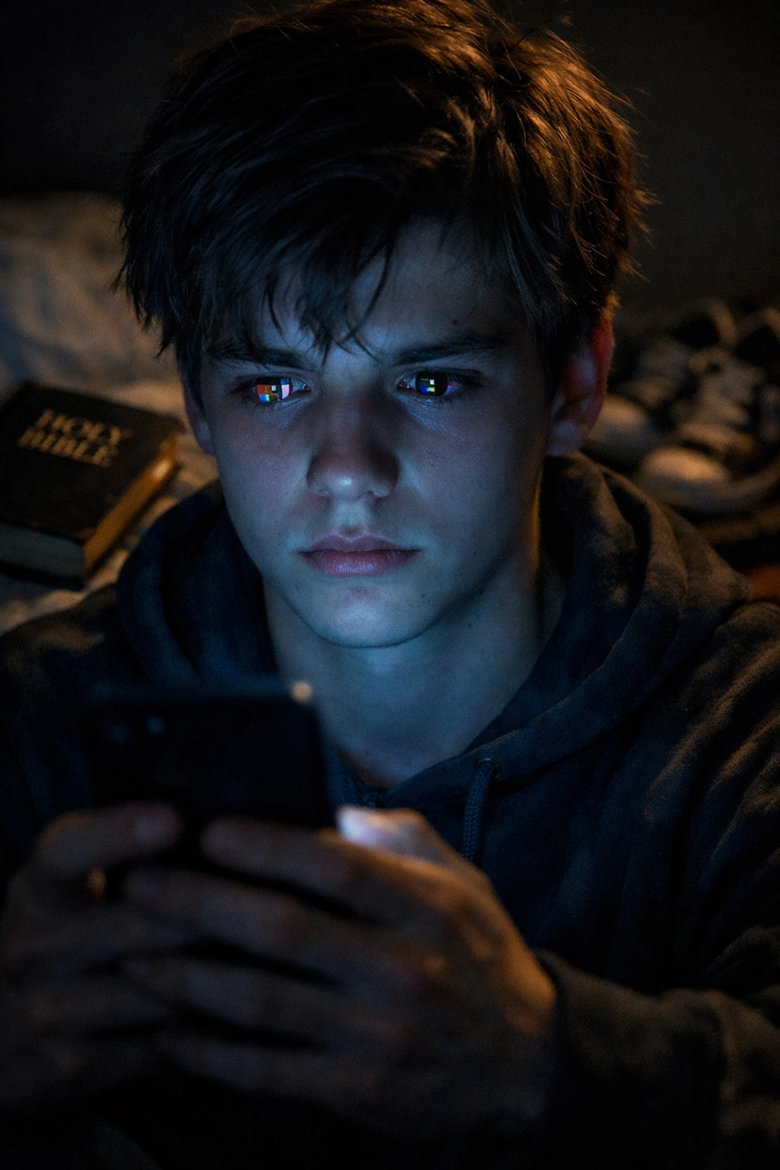 Lonely teenage boy looking at a glowing smartphone in a dark room, reflecting social media isolation.