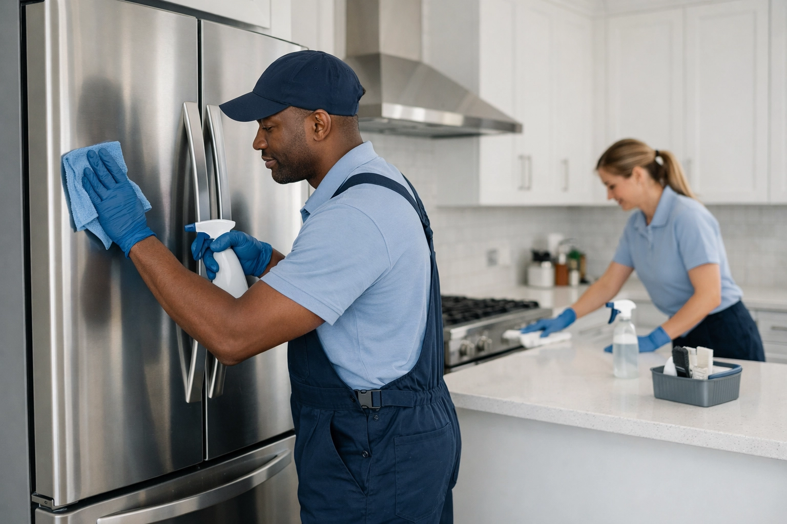 Professional cleaning team performing concurrent apartment turnover and deep cleaning service