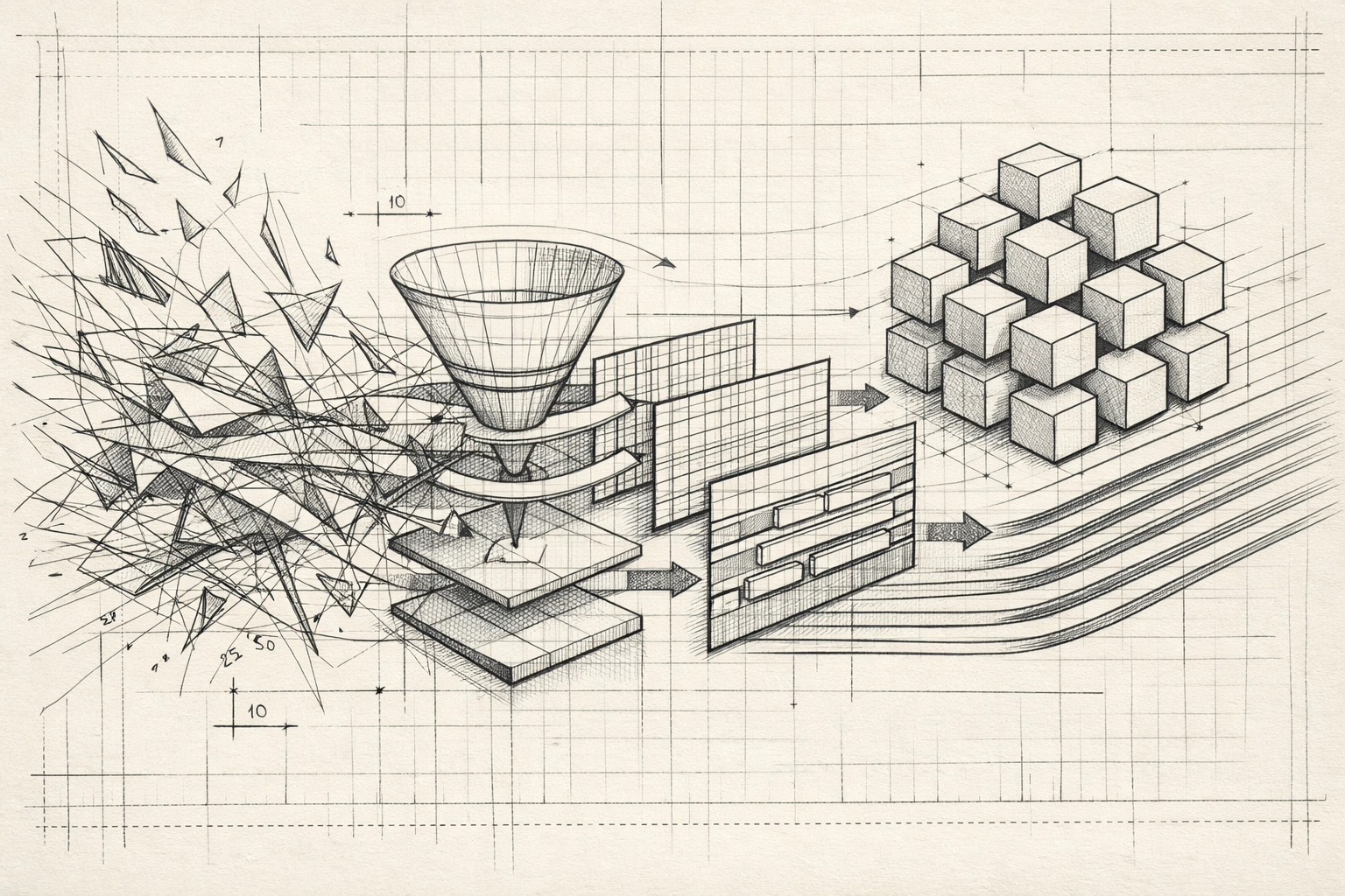 Blueprint sketch of a data processing system converting disorganized information into structured CRM automation data.