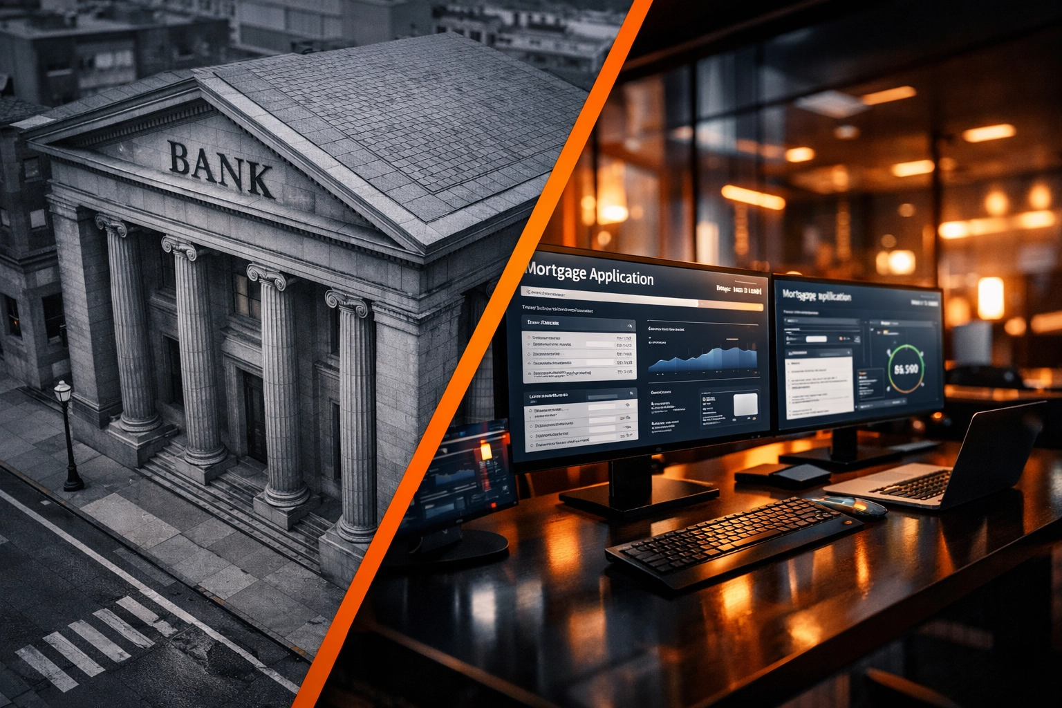Traditional bank building versus modern mortgage tech office showing regulatory shift in lending