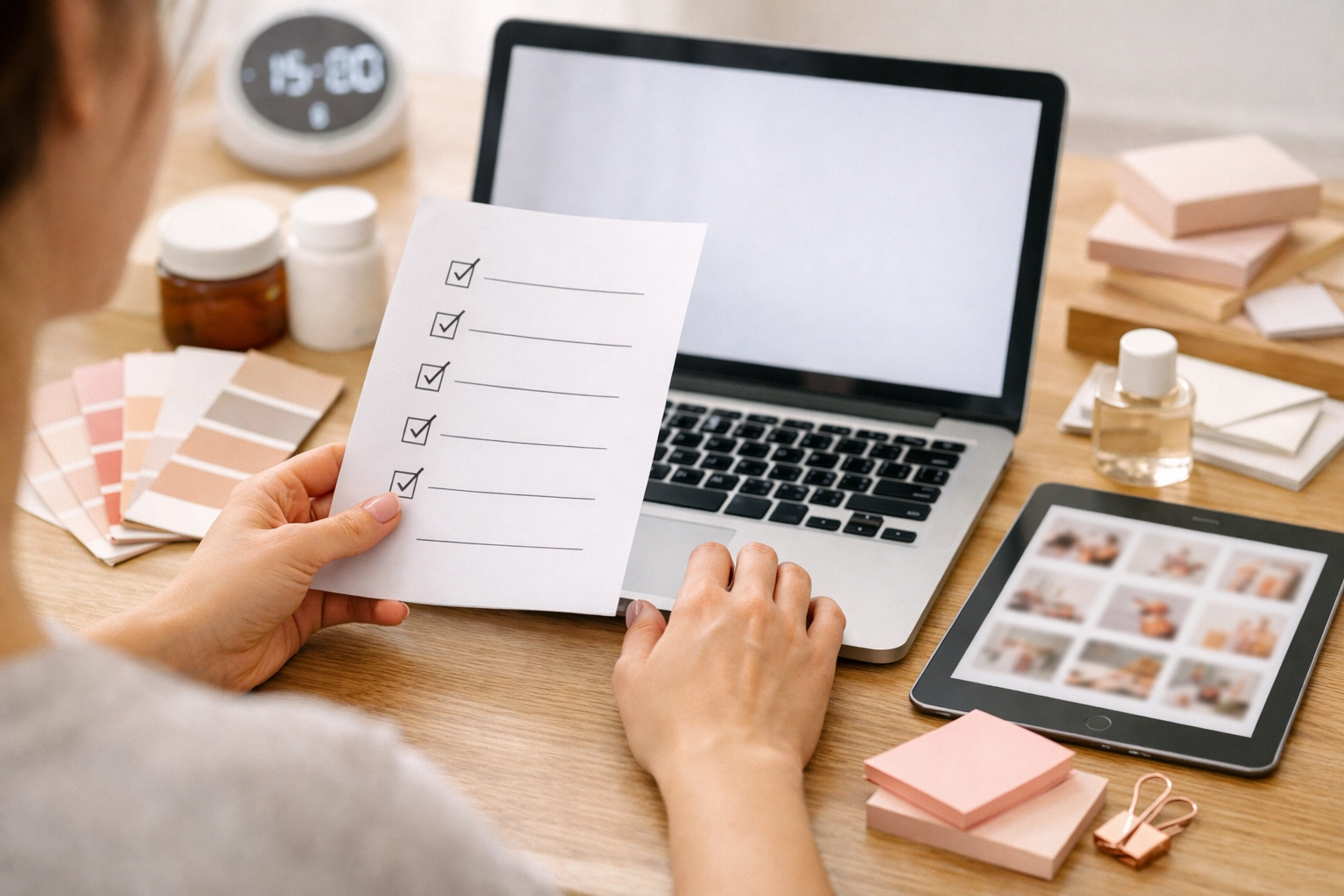 Virtual assistant batching social media tasks with a checklist and scheduled post drafts on a tablet