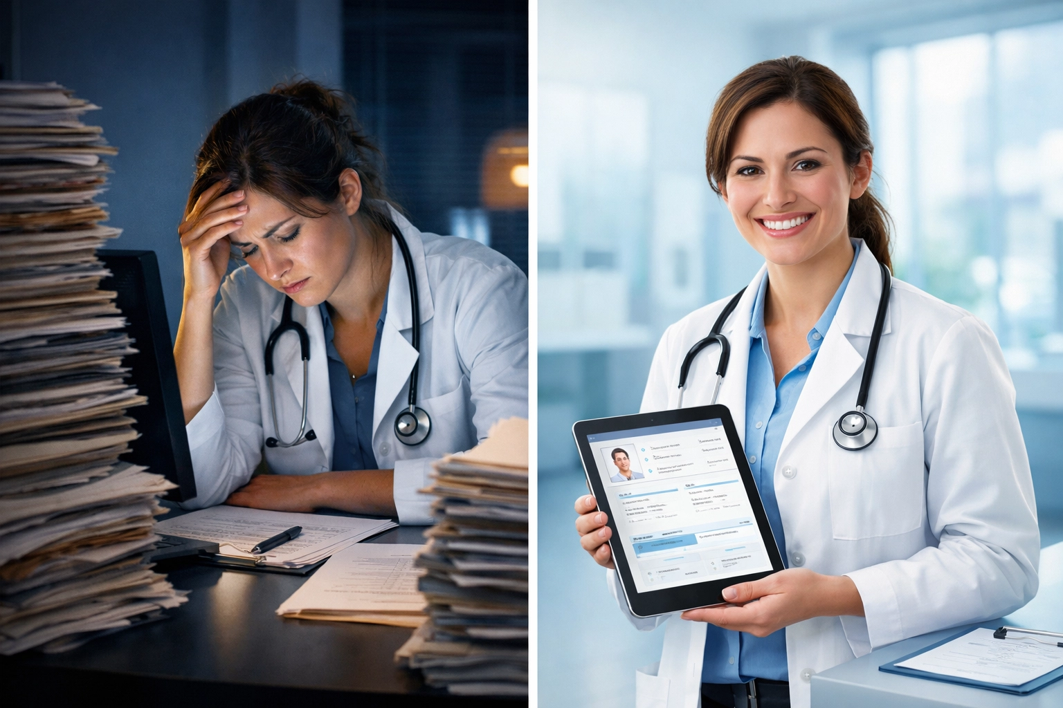 Comparison showing clinician stressed with paper charts versus happy using digital documentation system