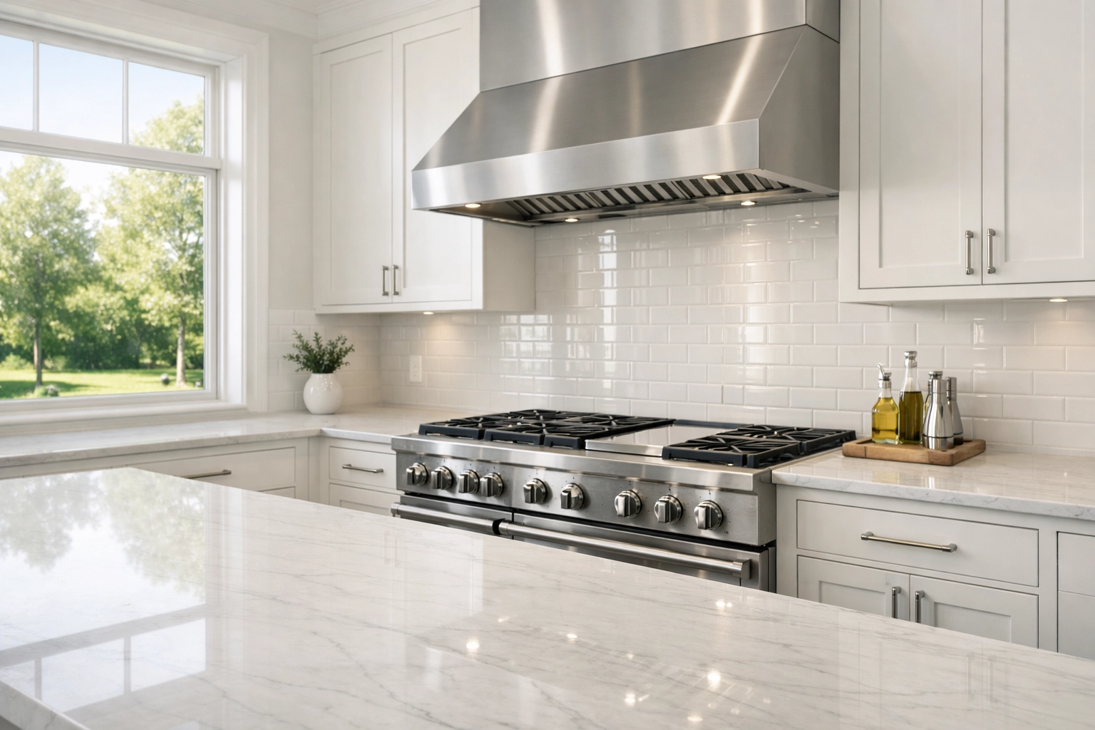 Spotless luxury kitchen with marble countertops after professional house cleaning services in Westchester NY.