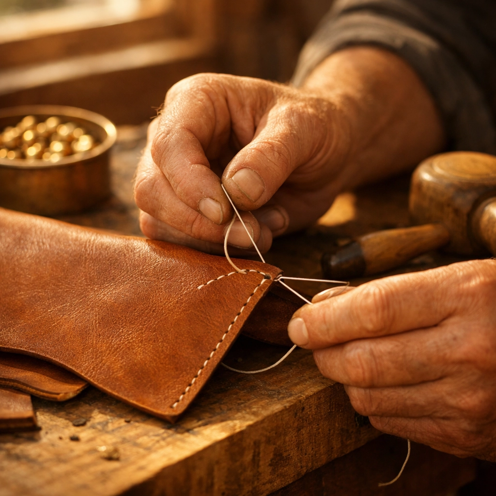 Artisan hand-stitching full-grain leather with traditional tools in Mexican workshop
