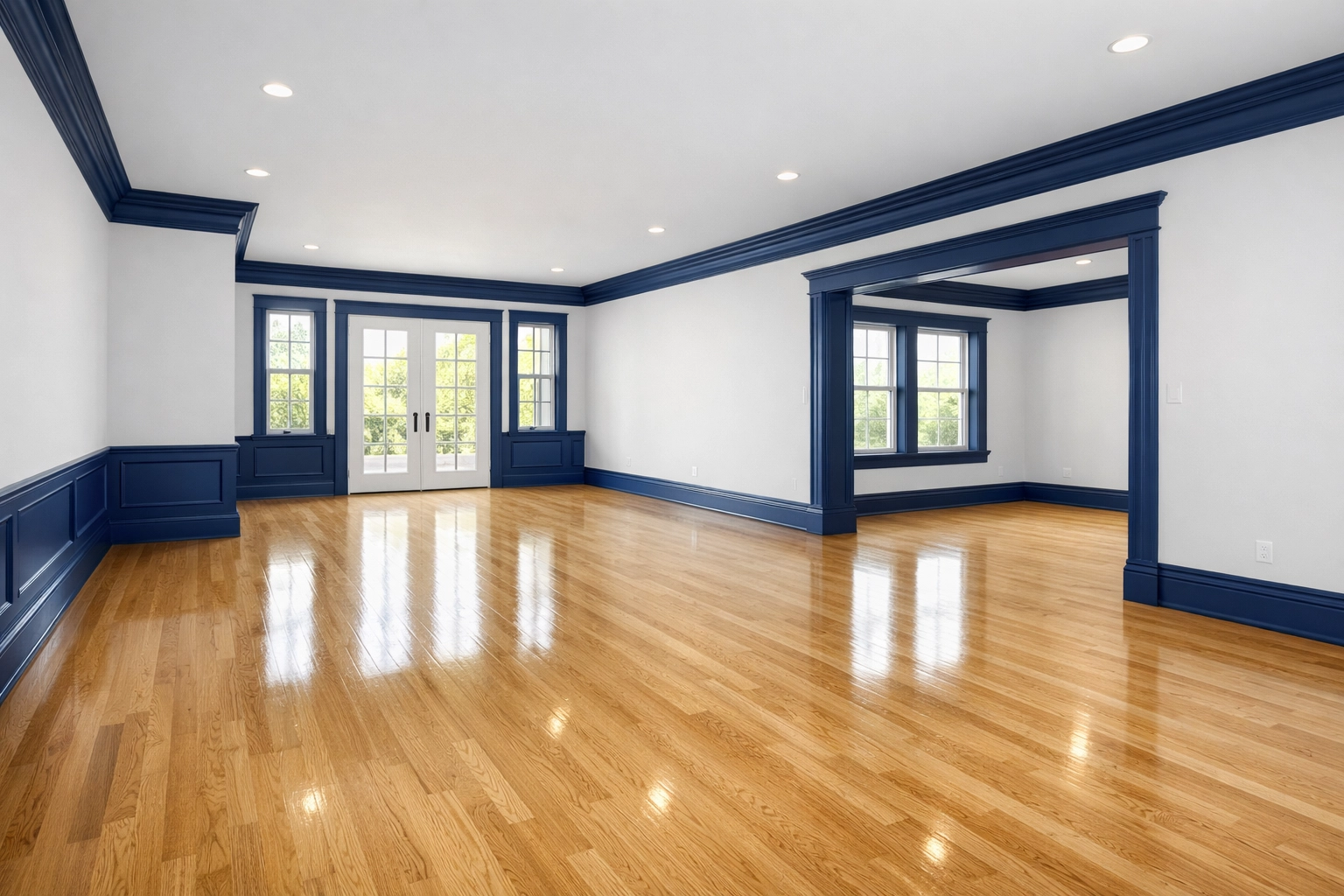 Clean and empty Shrewsbury living room with polished hardwood floors after a professional move-out house cleaning.