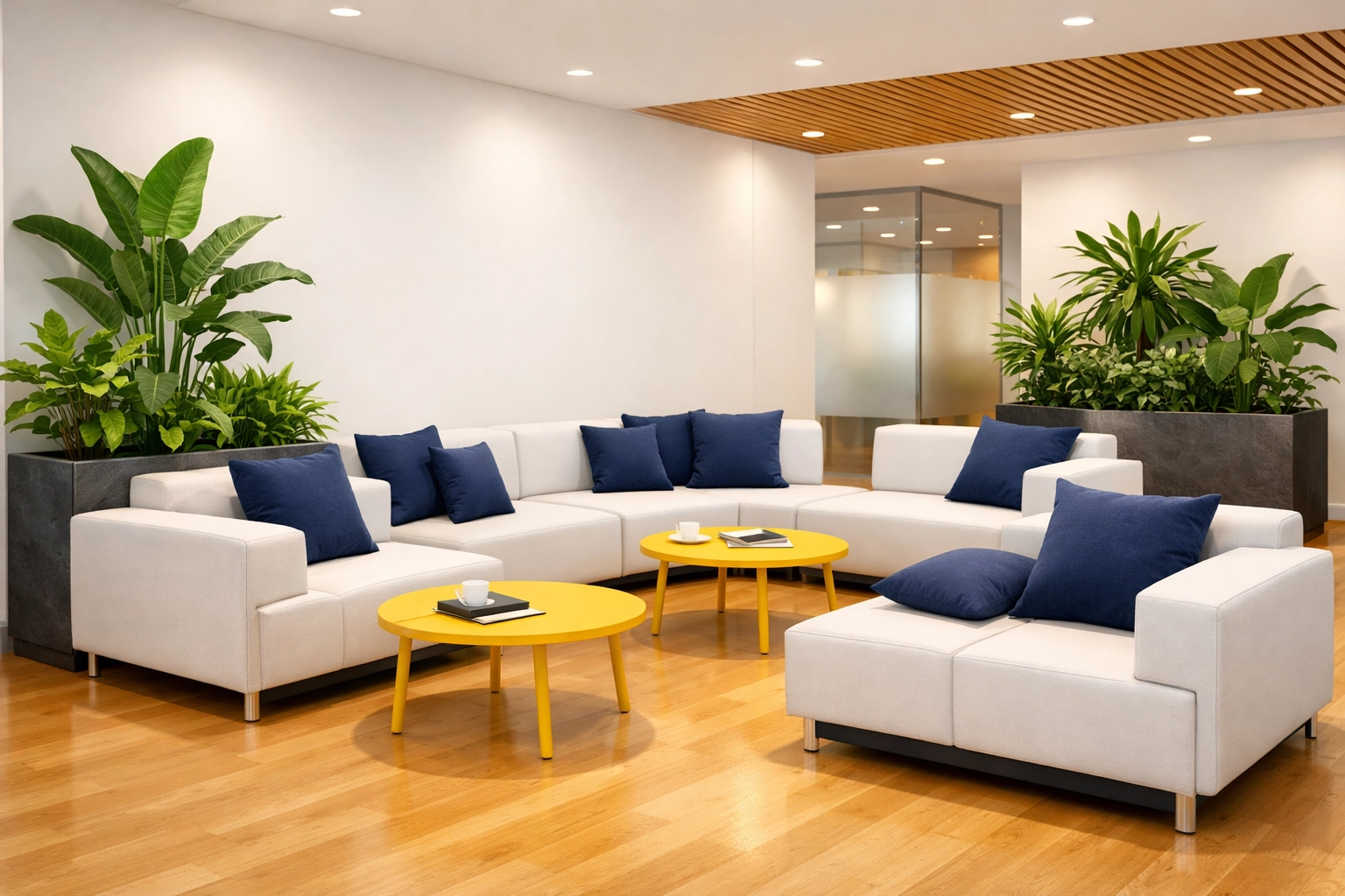 Motivating and clean employee breakout area in a Needham office maintained by high-end janitorial services.
