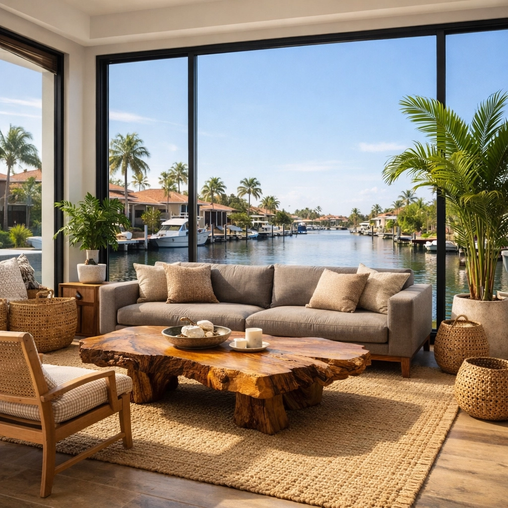 Cape Coral waterfront living room with minimal furniture highlighting canal view