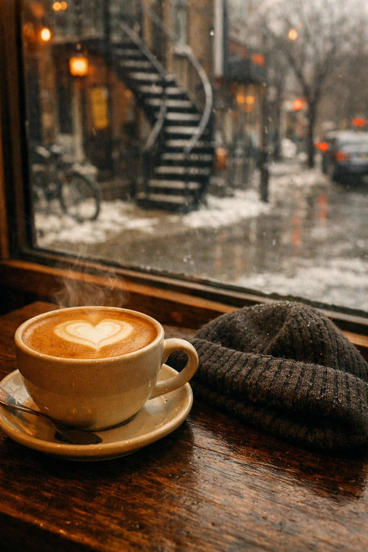 A steaming latte inside a warm Montreal café with a view of the slushy Plateau neighborhood through the window.