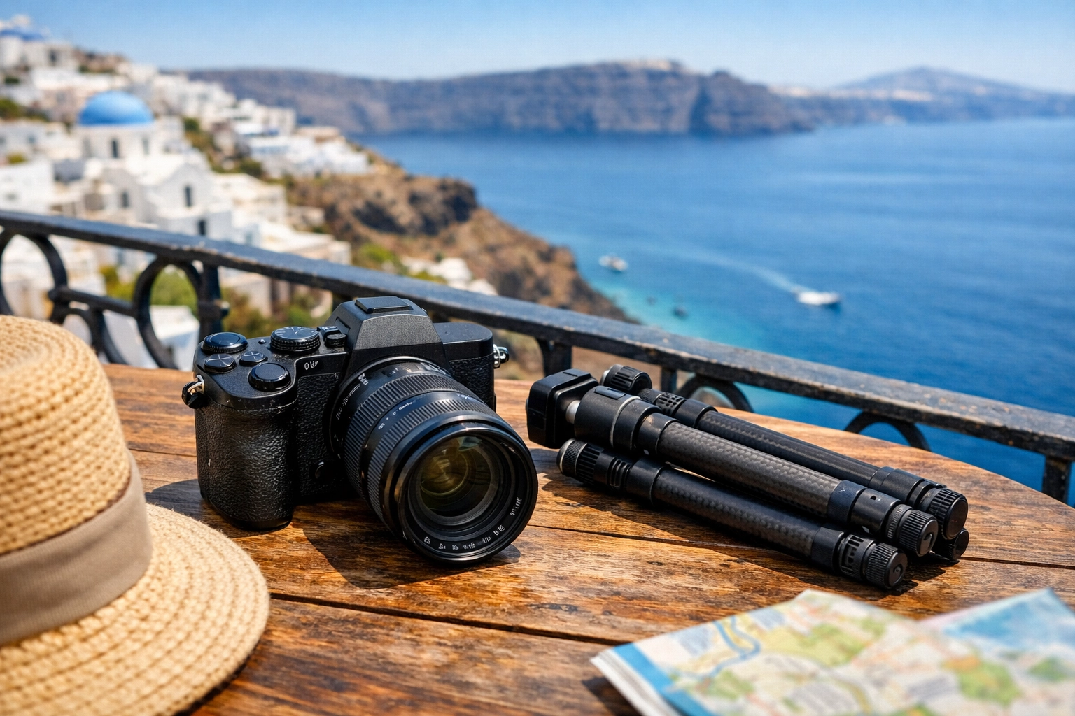 The Ultimate Guide to Fun Family Travel: Everything You Need to Succeed as a Photographer Parent 2 Lightweight mirrorless camera and travel tripod on a table overlooking the sea in Santorini.