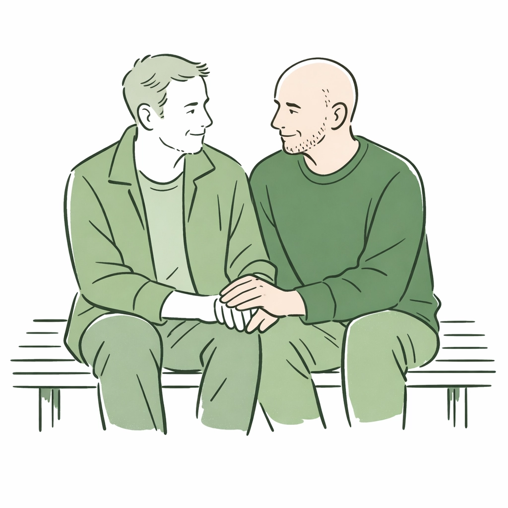 Older male couple on a bench, representing the courage of coming out later in life and finding connection.