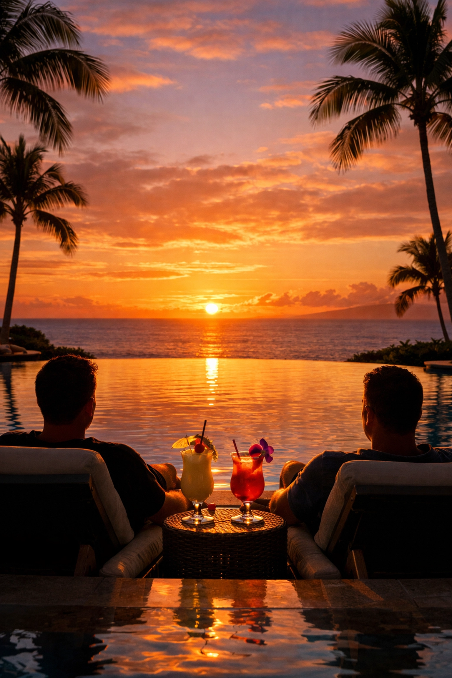 Two men relaxing at luxury Maui resort infinity pool with ocean sunset views