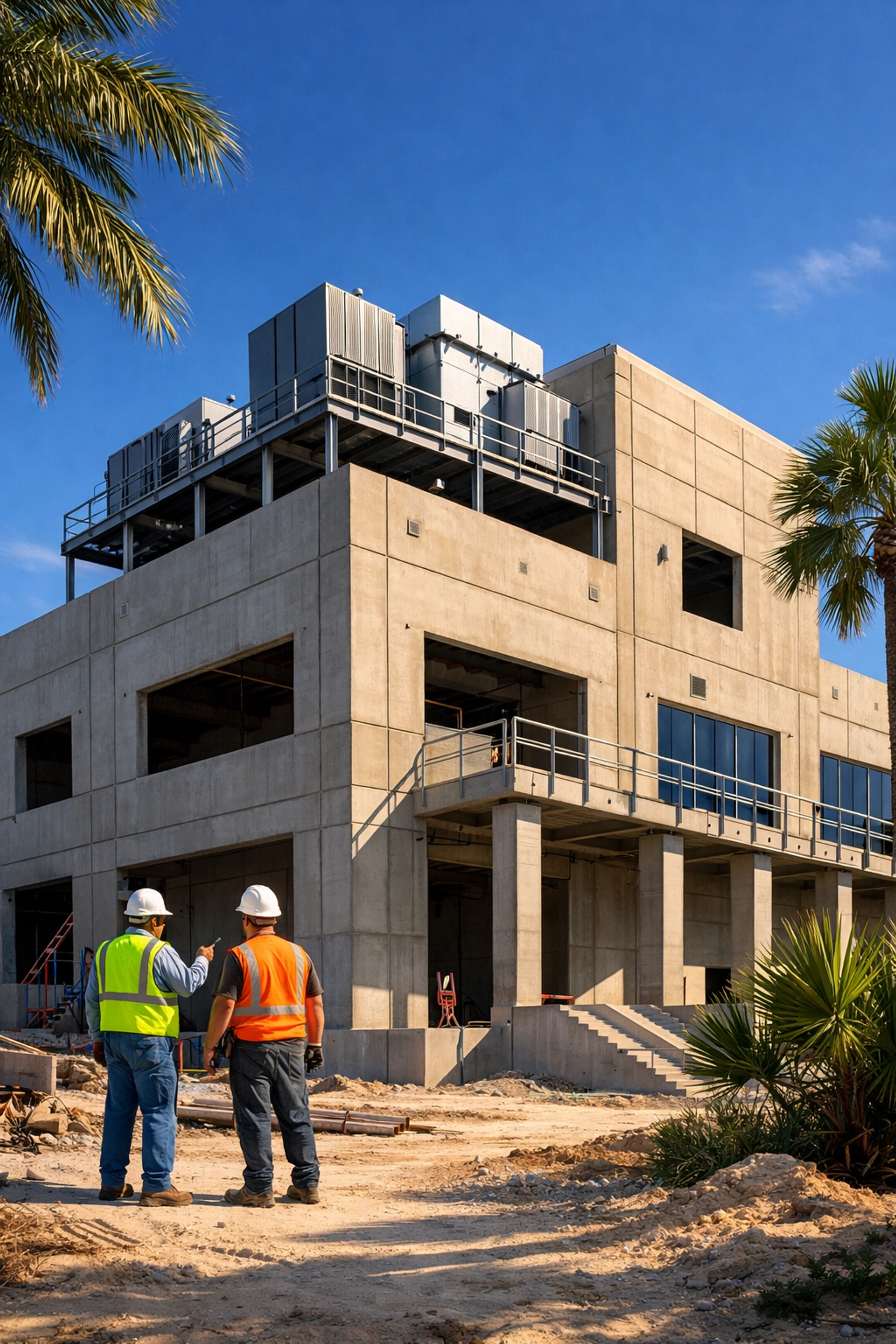 Storm-resistant tilt-up concrete commercial building under construction in Florida