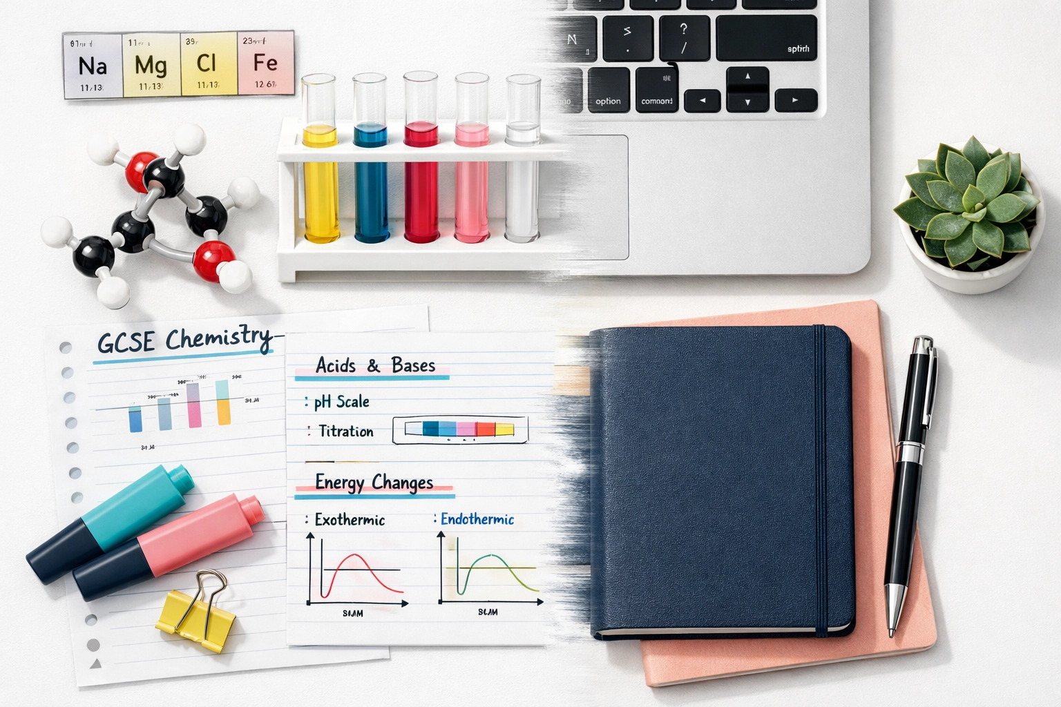 Chemistry revision materials transitioning to professional workspace, illustrating transferable skills