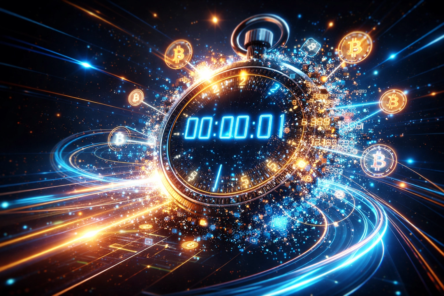 Visual representation of fast Web3 crypto payments with blockchain and digital currency symbols for merchant POS systems.