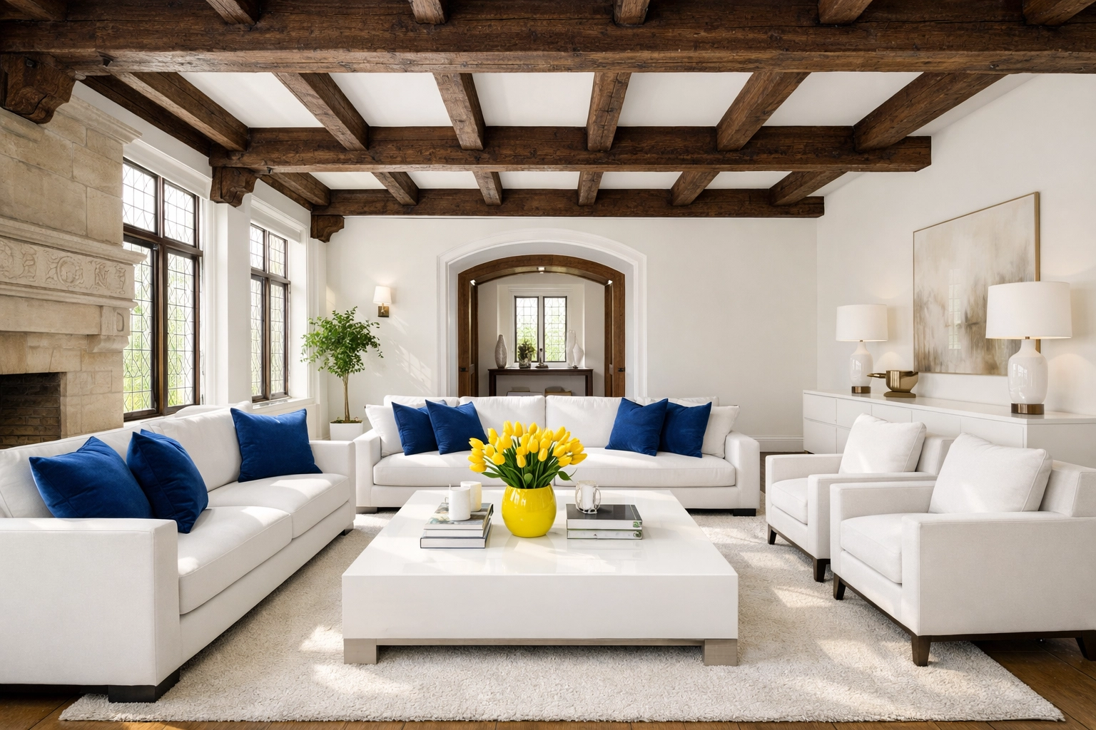 Pristine living room in a Bolton, MA estate showing results of an eco-friendly deep cleaning.