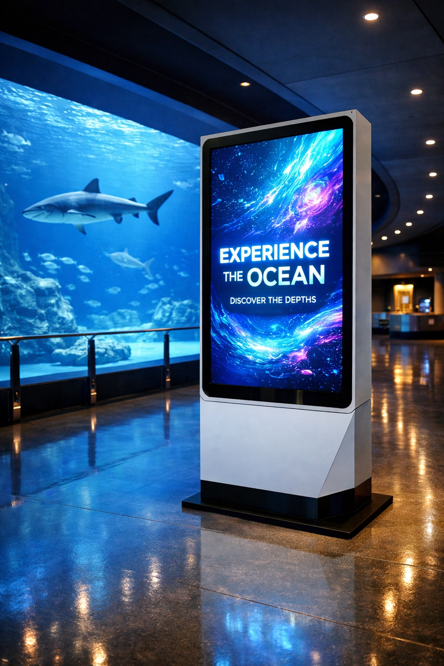 Branded simulation station and digital media display inside a modern aquarium for visitor engagement.