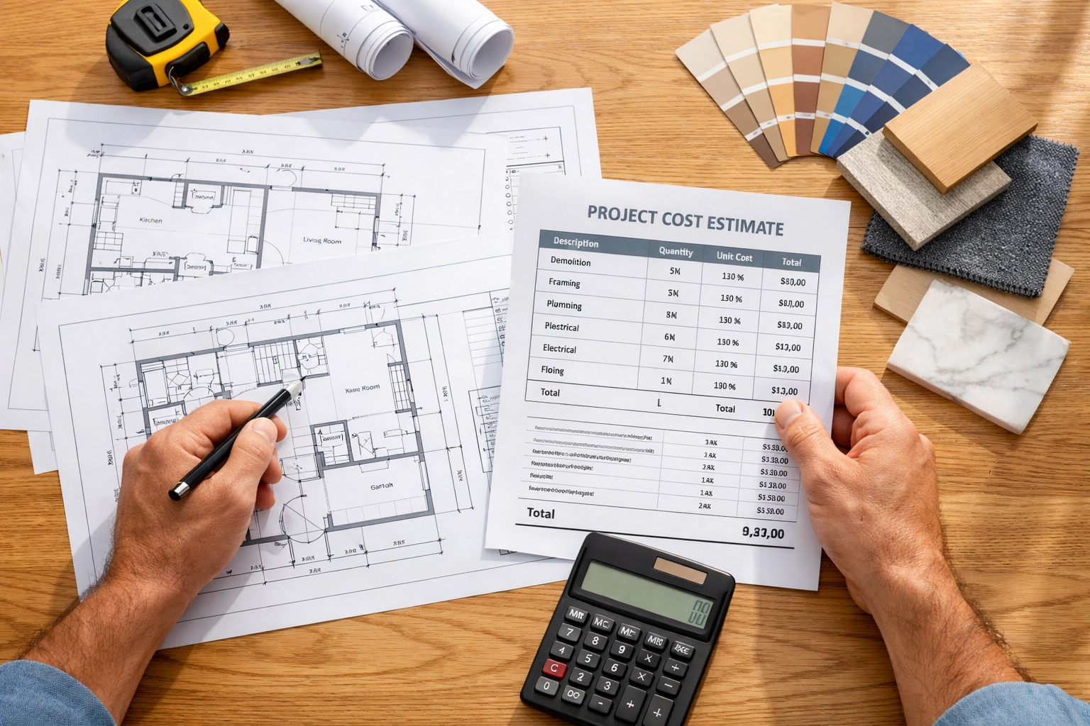 Home remodeling cost estimates and blueprints with material samples on table