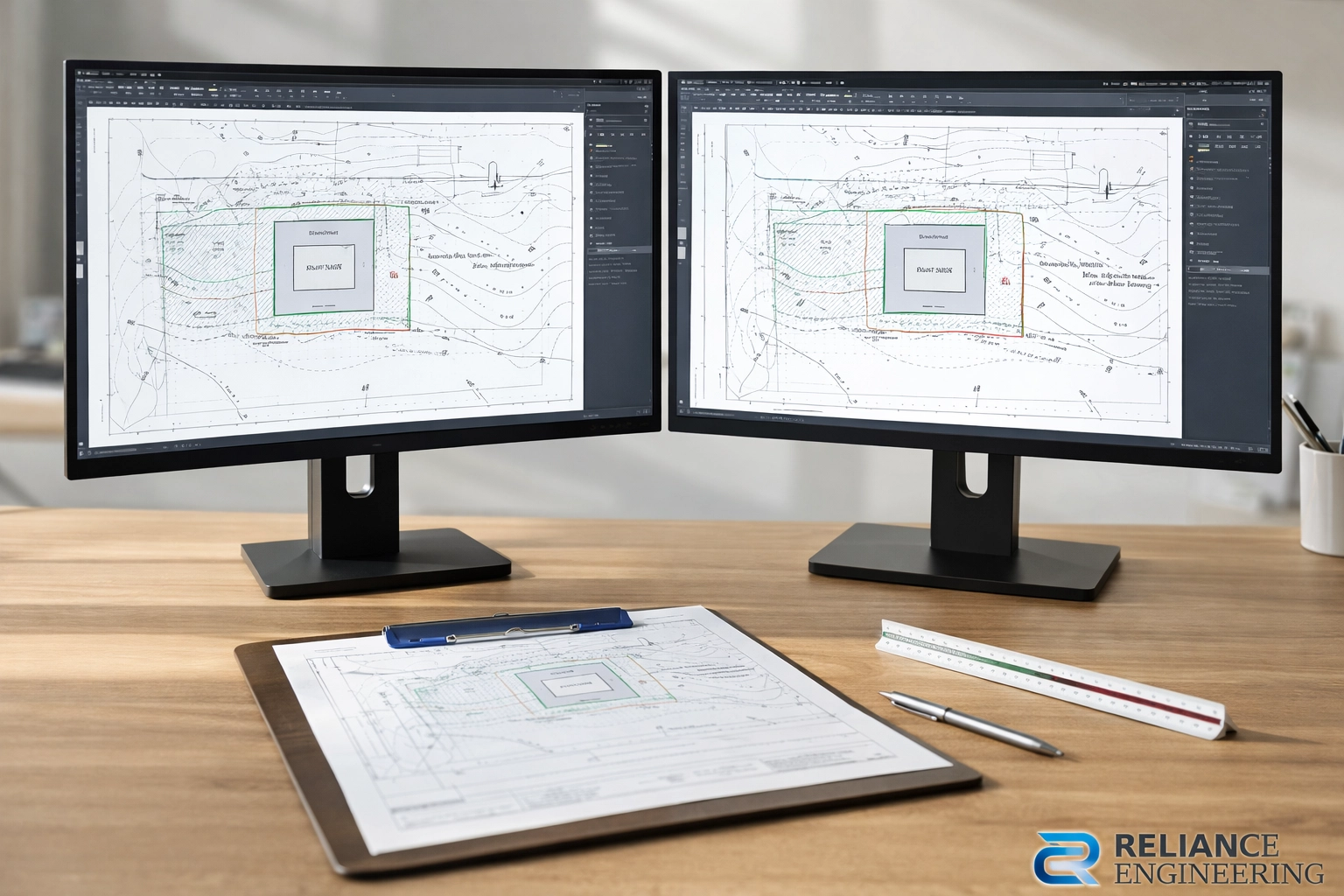 Professional site grading and drainage plan for a GTA garden suite shown on an engineering workstation.