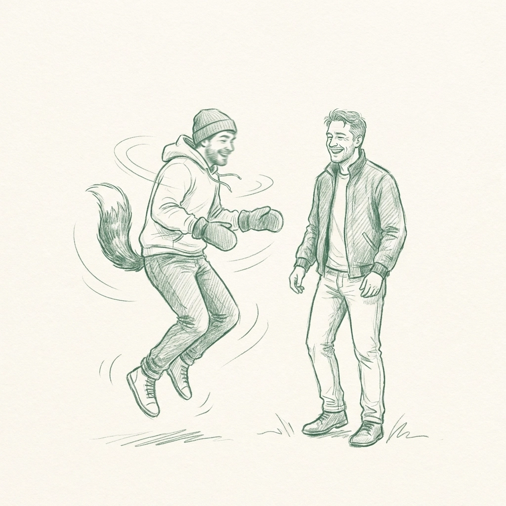 Joyful pup play moment between MM couple showing uninhibited happiness and emotional connection