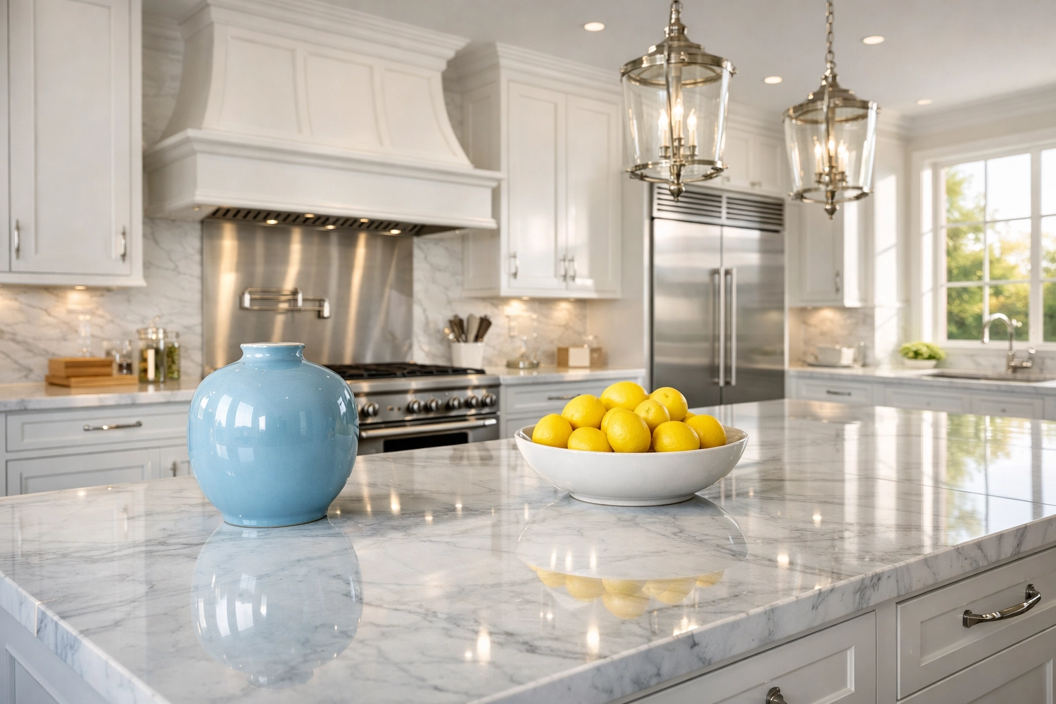 Spotless luxury kitchen in a Concord estate with polished marble countertops and high-end appliances.