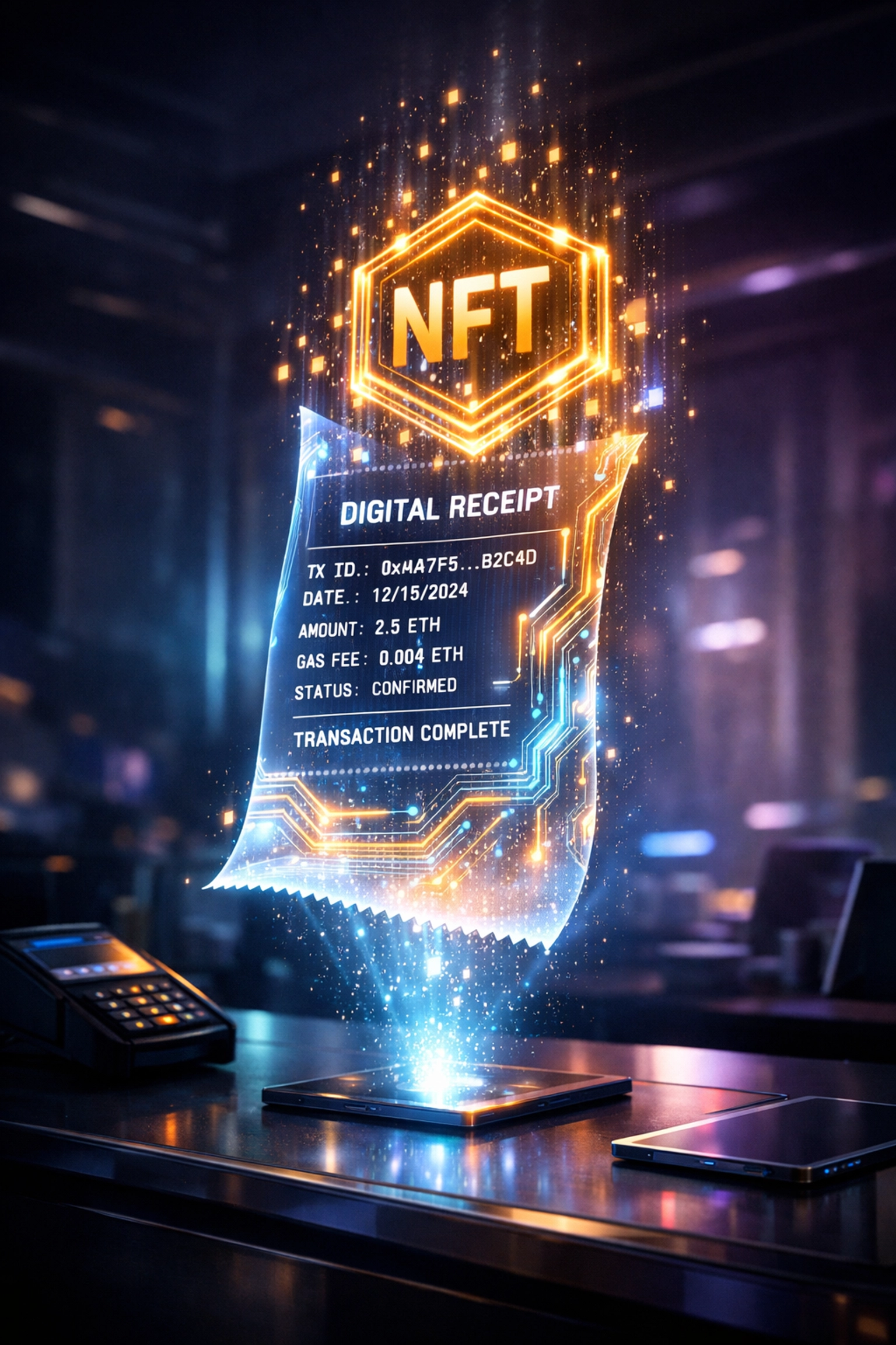 Digital NFT receipt hovering above merchant desk showing blockchain transaction data for crypto payment accounting