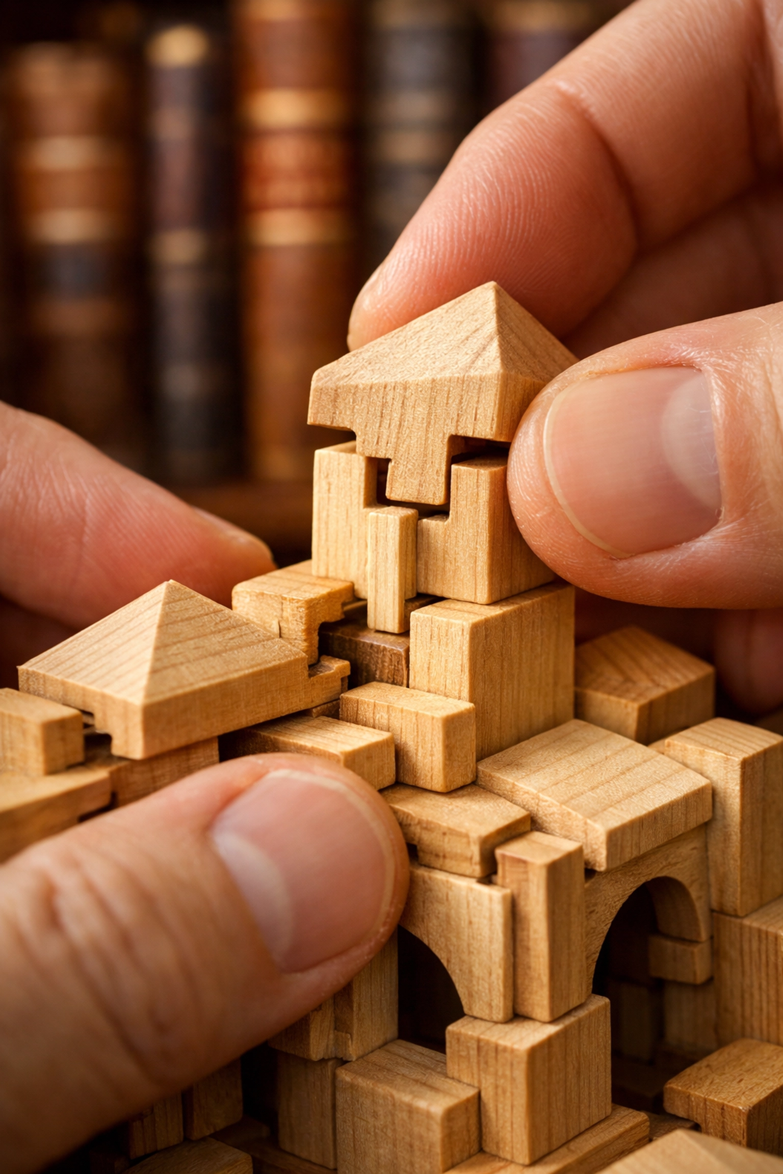 Hands assembling a model to represent documented business processes and SOPs for strategic scaling.