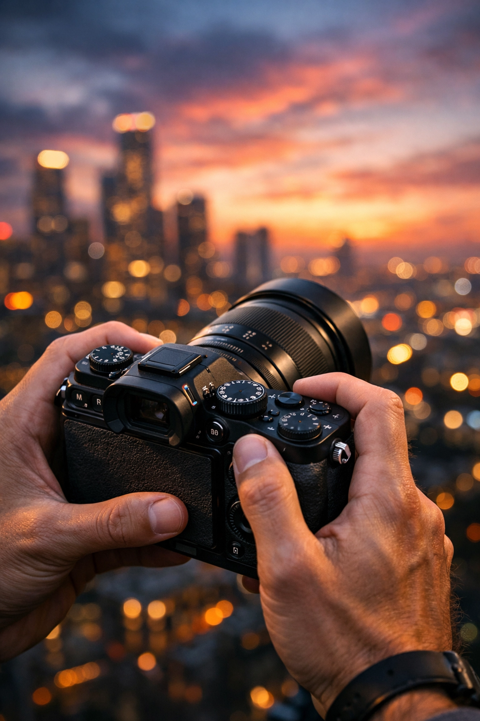 Close-up of a mirrorless camera overlooking a city at dusk for creative street photography ideas.