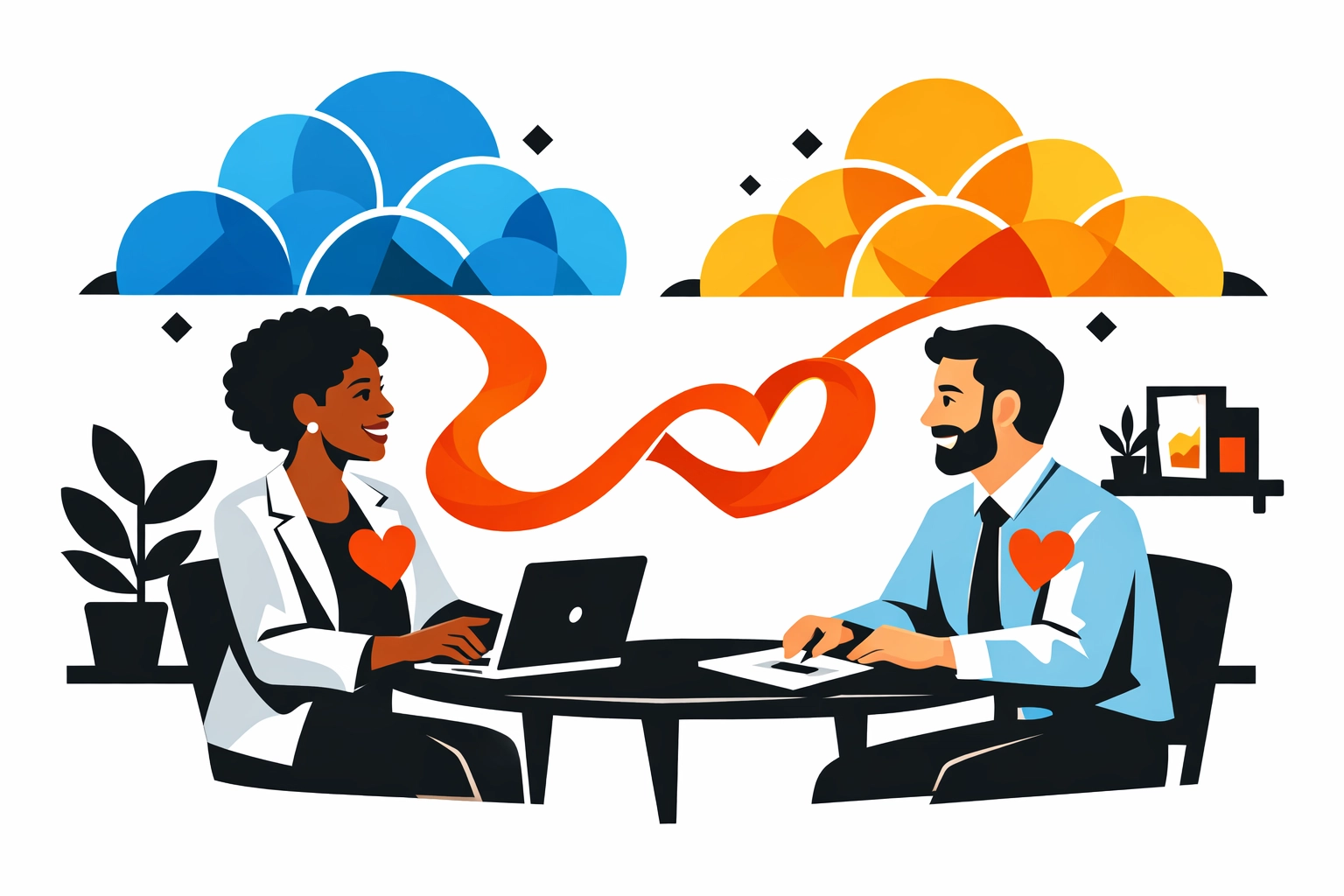 Two coworkers sharing a story and connecting through human-centered instructional design.