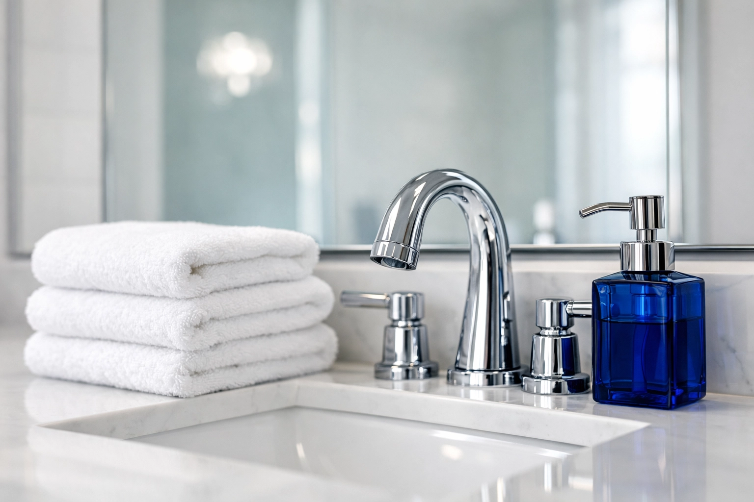 Sparkling luxury bathroom vanity in a Lexington home showcasing the high standard of weekly house cleaning.